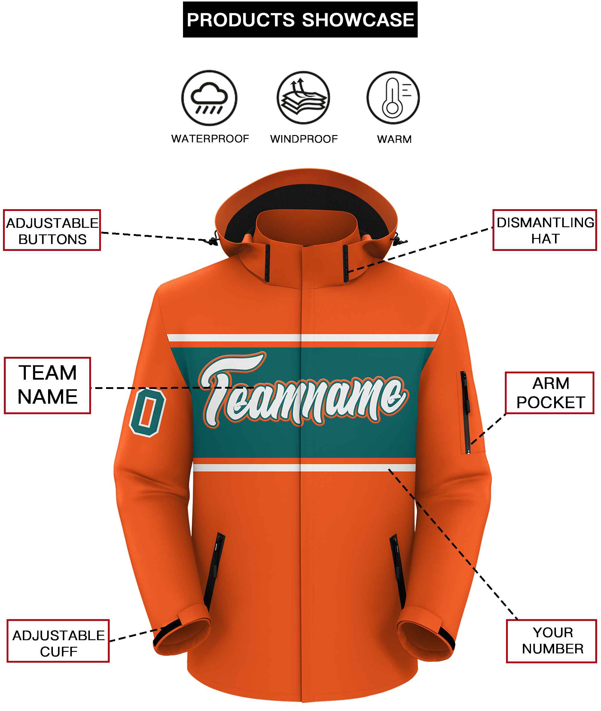 Custom Orange White-Aqua Color Block Personalized Outdoor Hooded Waterproof Jacket