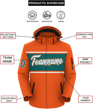 Custom Orange White-Aqua Color Block Personalized Outdoor Hooded Waterproof Jacket