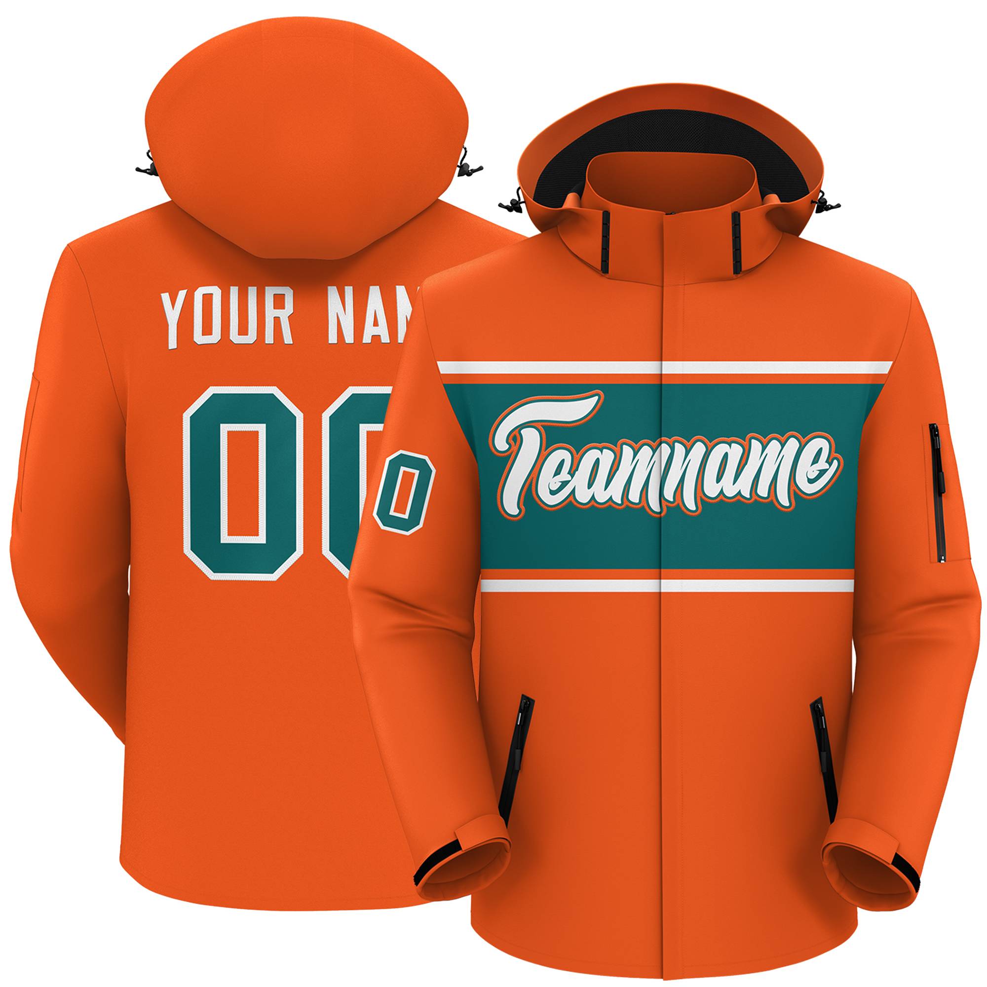 Custom Orange White-Aqua Color Block Personalized Outdoor Hooded Waterproof Jacket