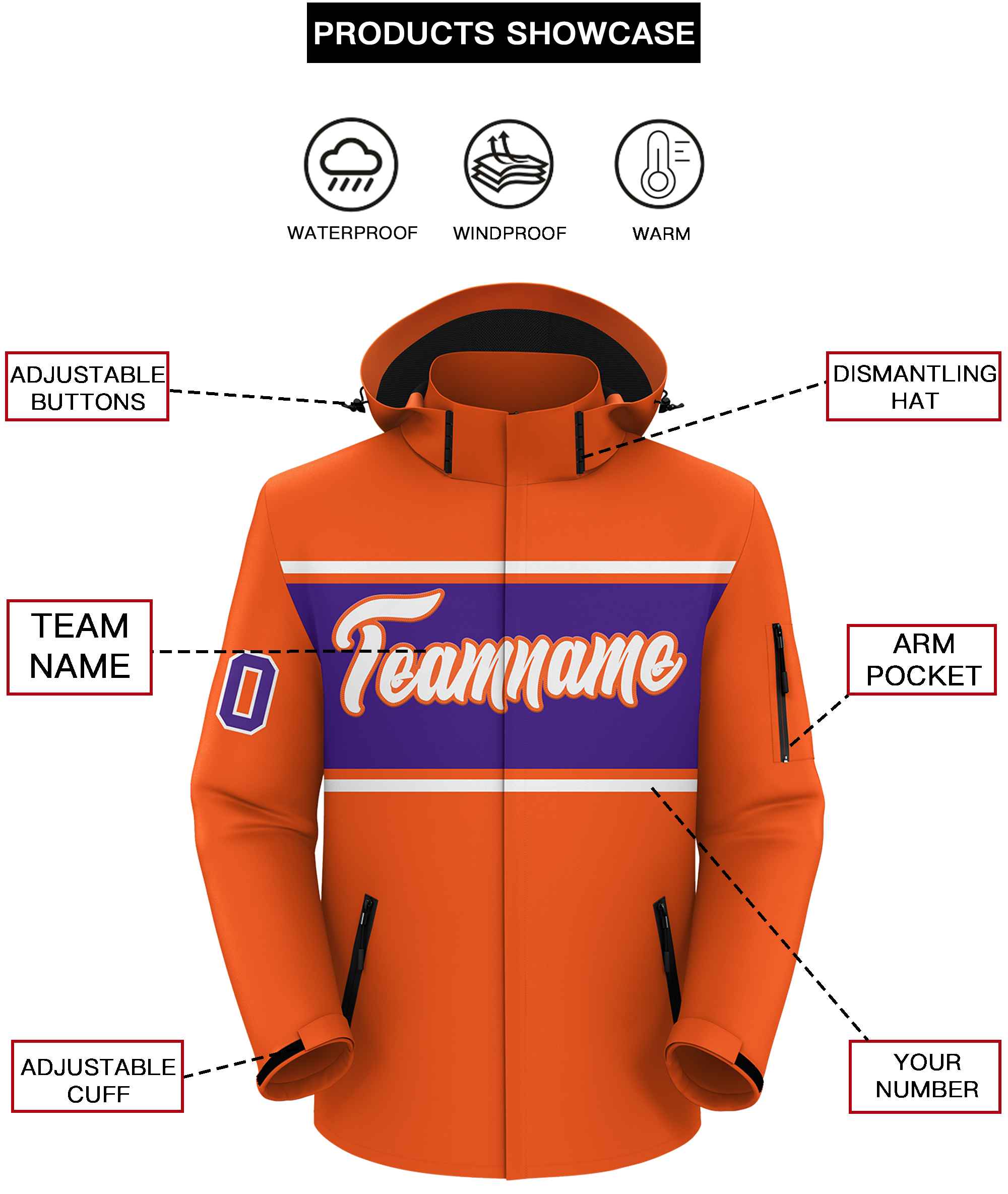 Custom Orange White-Purple Color Block Personalized Outdoor Hooded Waterproof Jacket