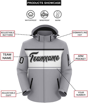 Custom Gray Black-White Color Block Personalized Outdoor Hooded Waterproof Jacket