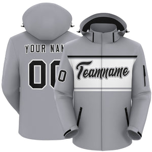 Custom Gray Black-White Color Block Personalized Outdoor Hooded Waterproof Jacket