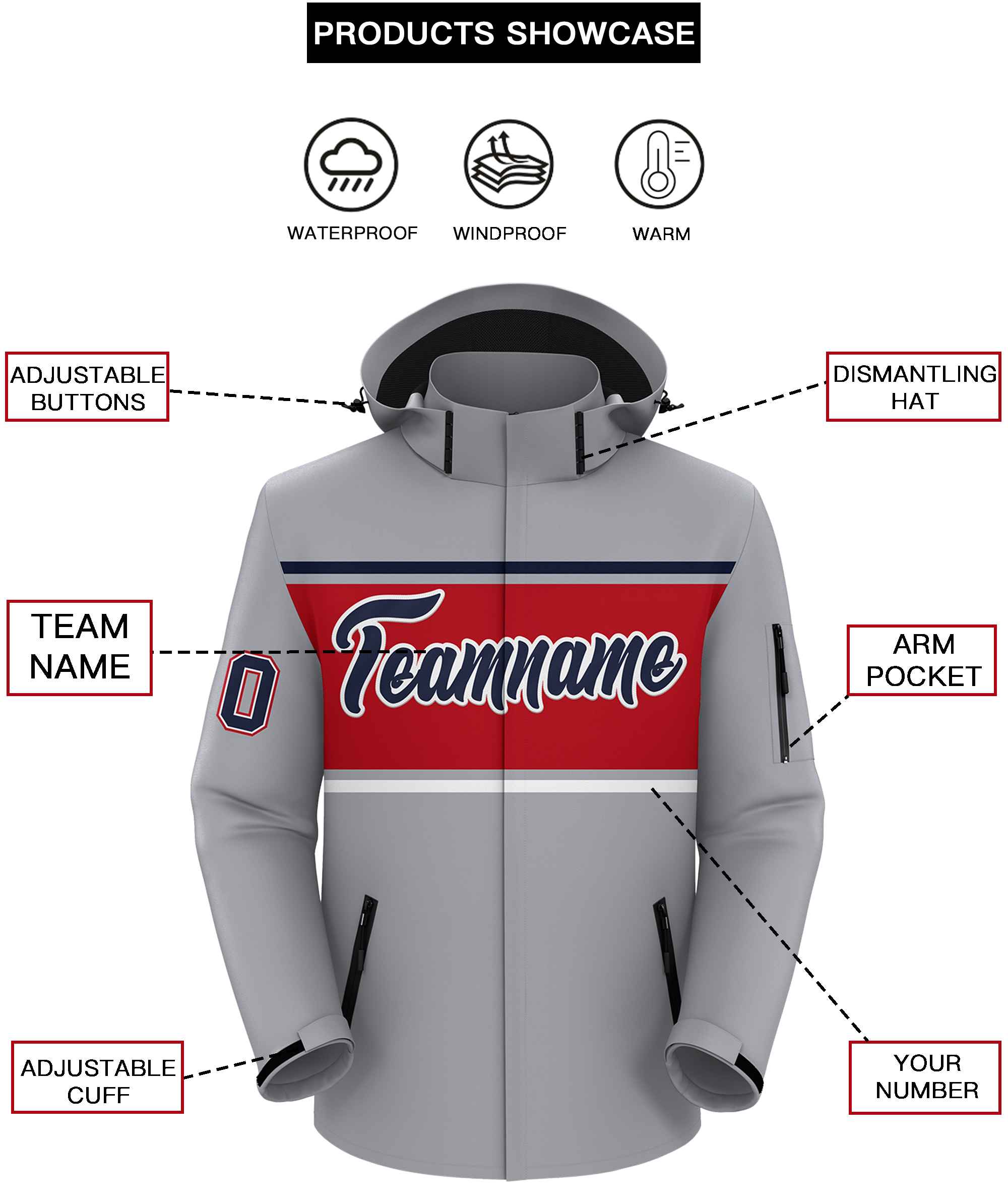 Custom Gray Navy-Red Color Block Personalized Outdoor Hooded Waterproof Jacket