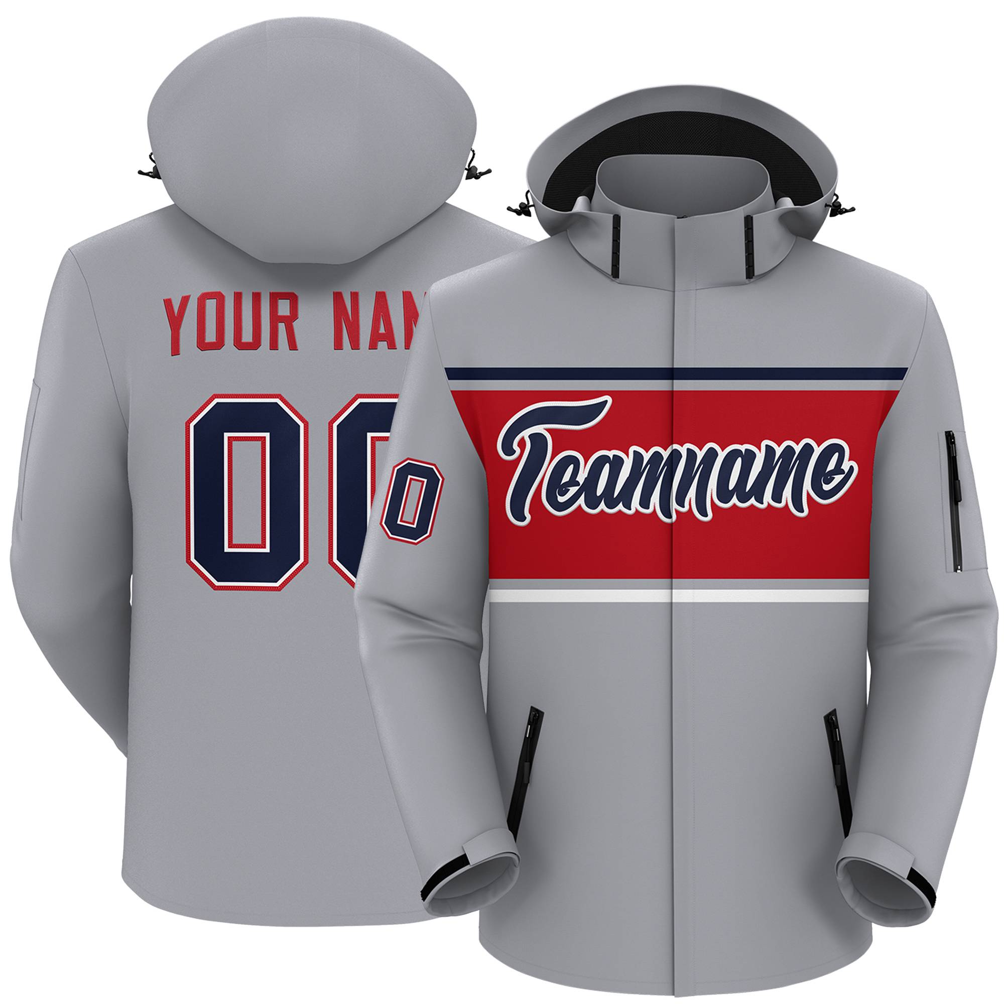 Custom Gray Navy-Red Color Block Personalized Outdoor Hooded Waterproof Jacket