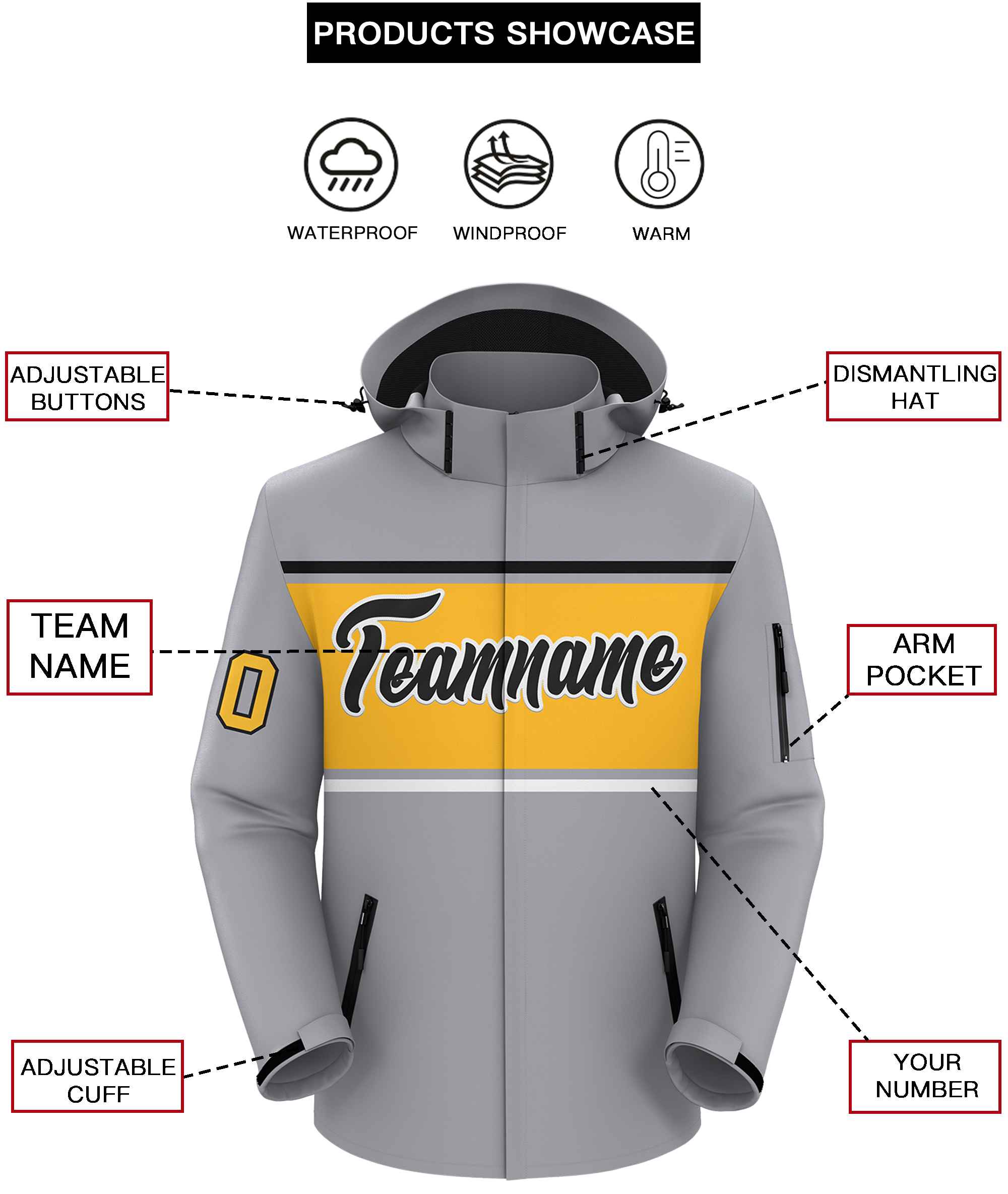 Custom Gray Black-Gold Color Block Personalized Outdoor Hooded Waterproof Jacket