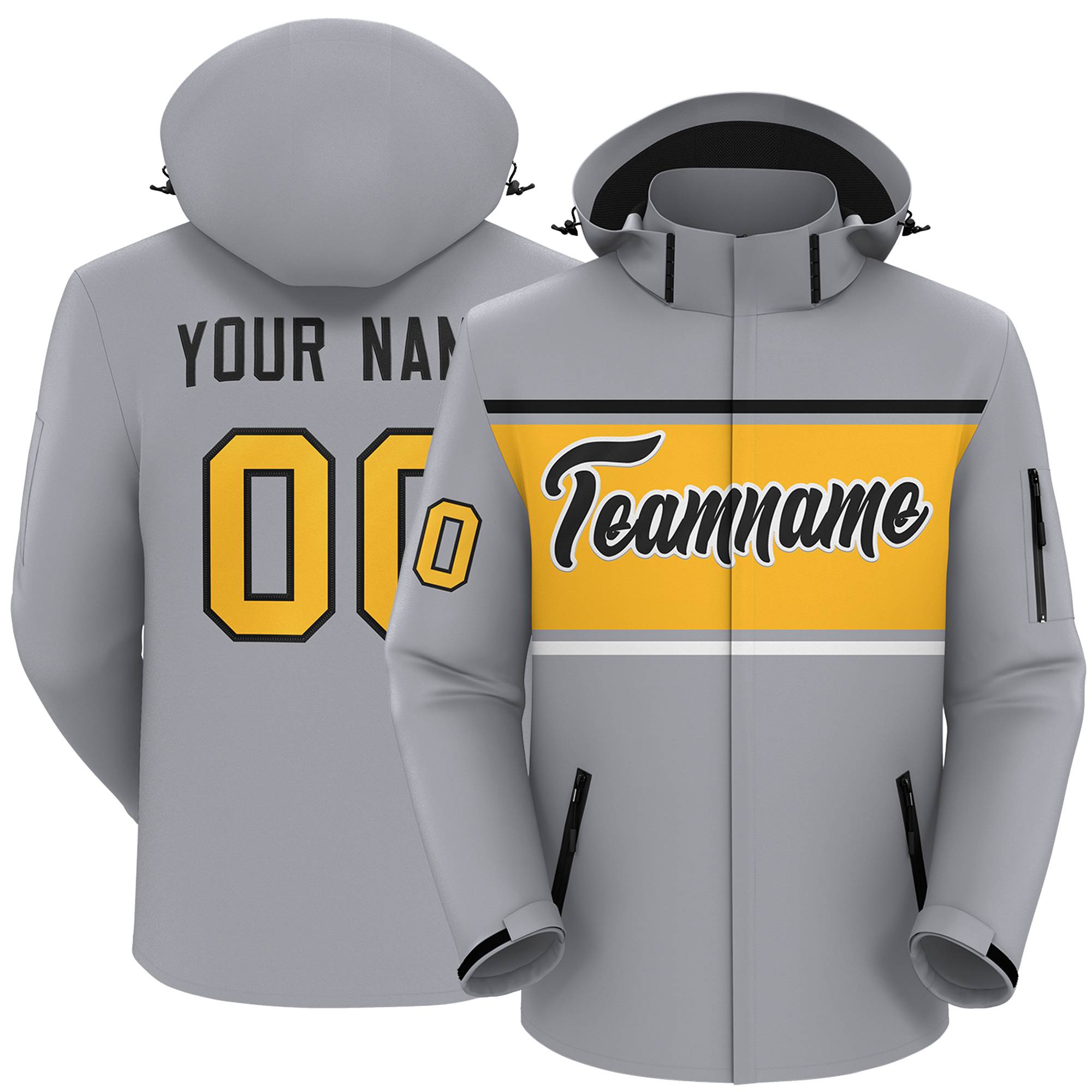 Custom Gray Black-Gold Color Block Personalized Outdoor Hooded Waterproof Jacket