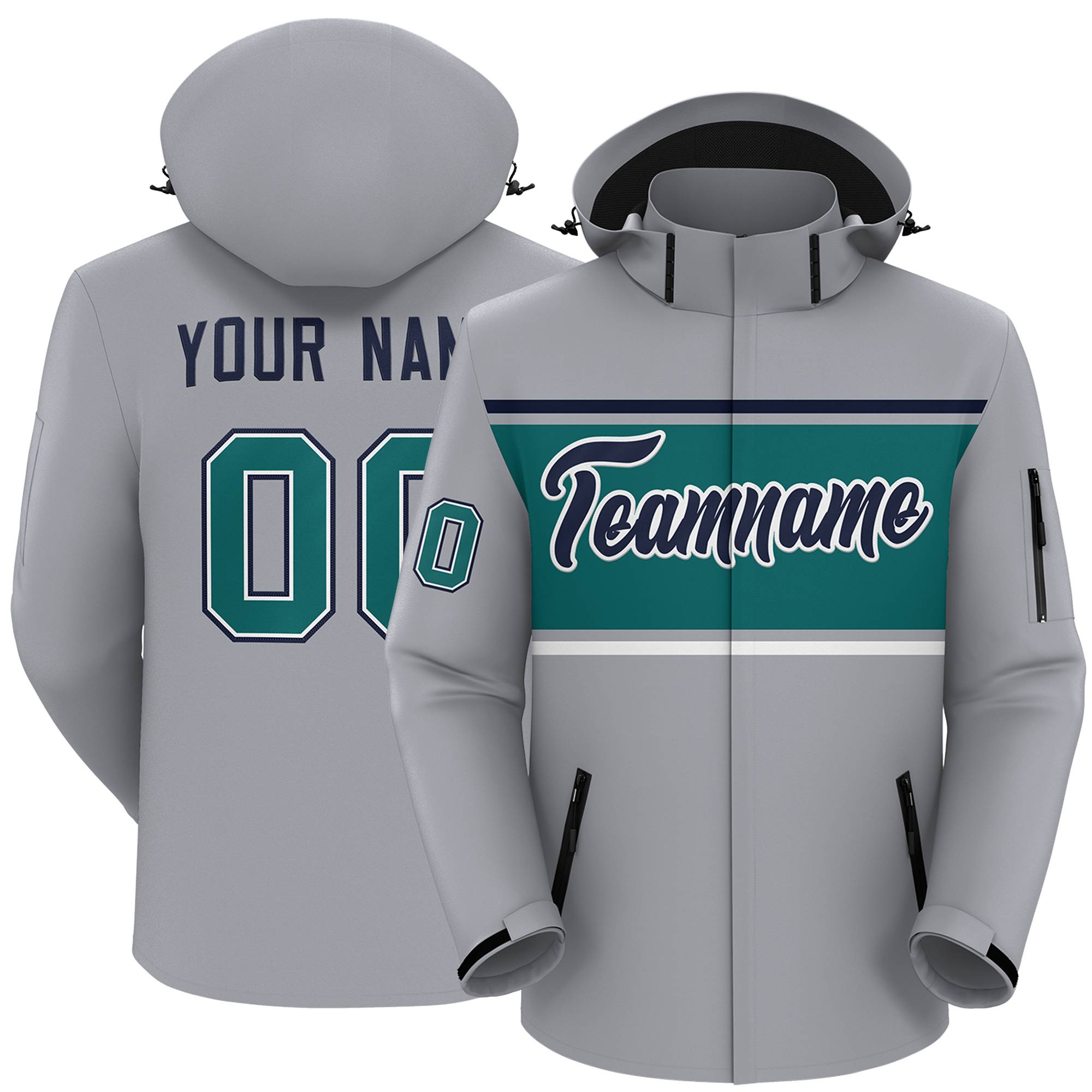 Custom Gray Navy-Aqua Color Block Personalized Outdoor Hooded Waterproof Jacket