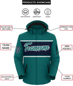 Custom Aqua White-Navy Color Block Personalized Outdoor Hooded Waterproof Jacket