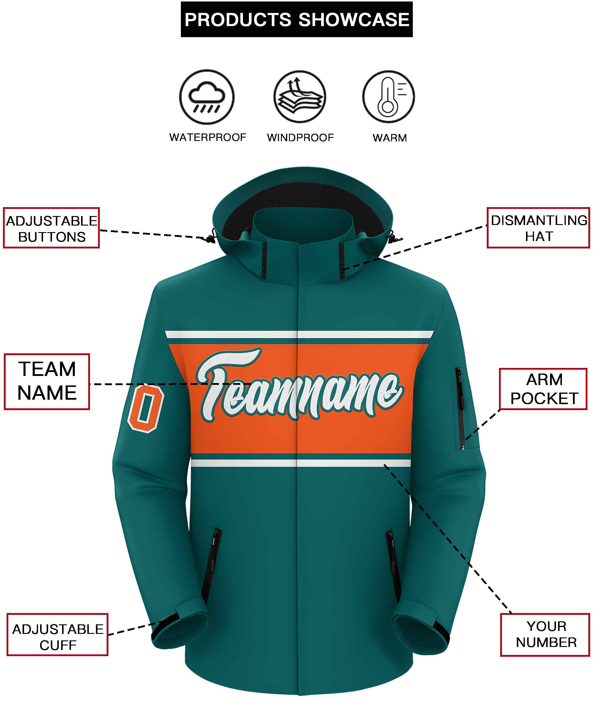 Custom Aqua White-Orange Color Block Personalized Outdoor Hooded Waterproof Jacket