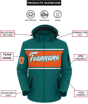 Custom Aqua White-Orange Color Block Personalized Outdoor Hooded Waterproof Jacket