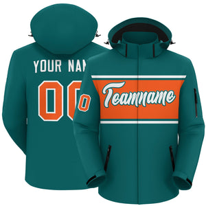 Custom Aqua White-Orange Color Block Personalized Outdoor Hooded Waterproof Jacket