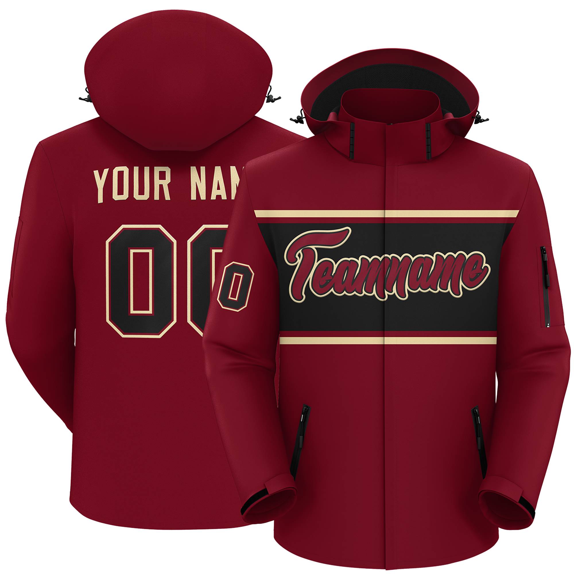 Custom Crimson Khaki-Black Color Block Personalized Outdoor Hooded Waterproof Jacket