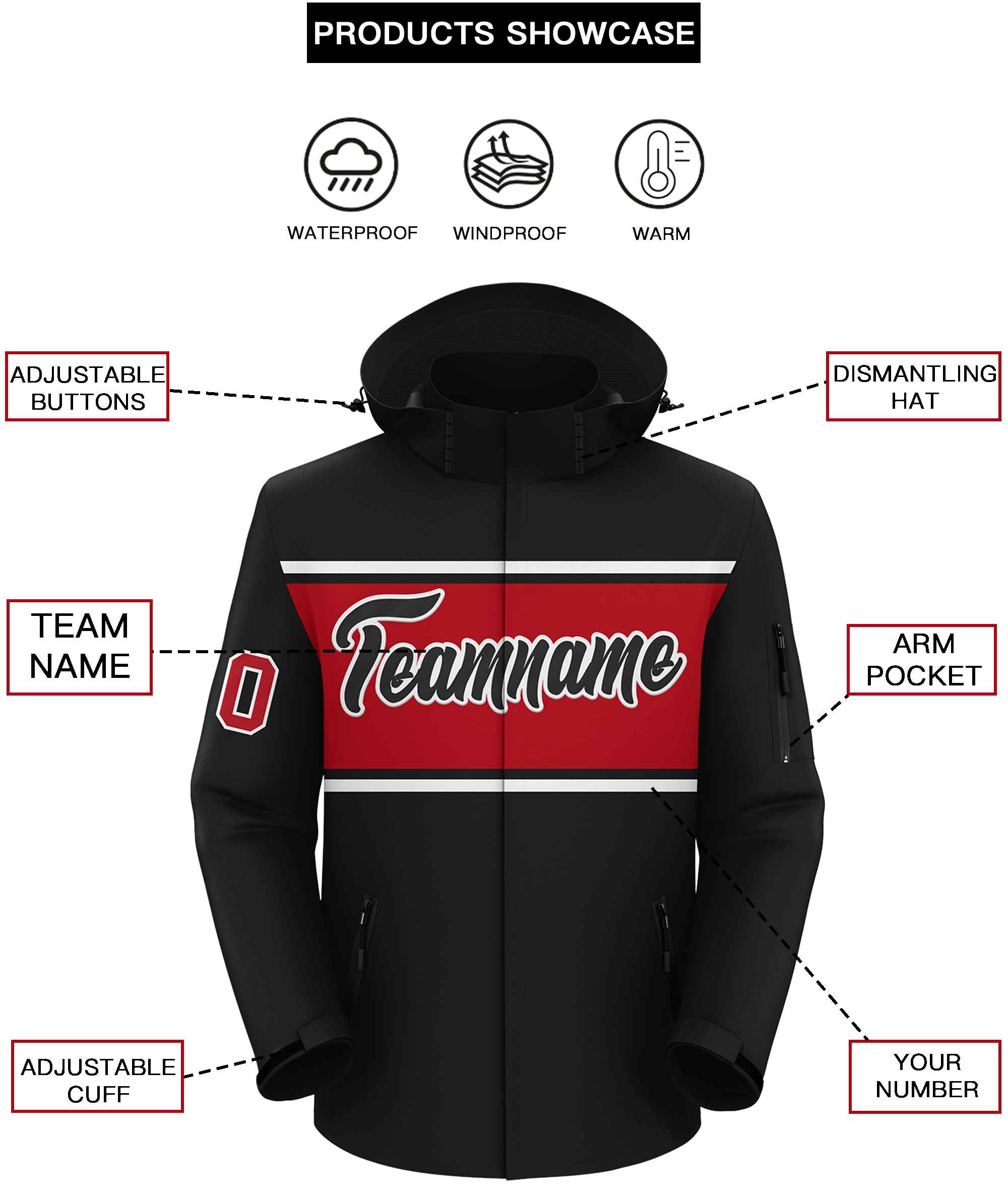 Custom Black White-Red Color Block Personalized Outdoor Hooded Waterproof Jacket