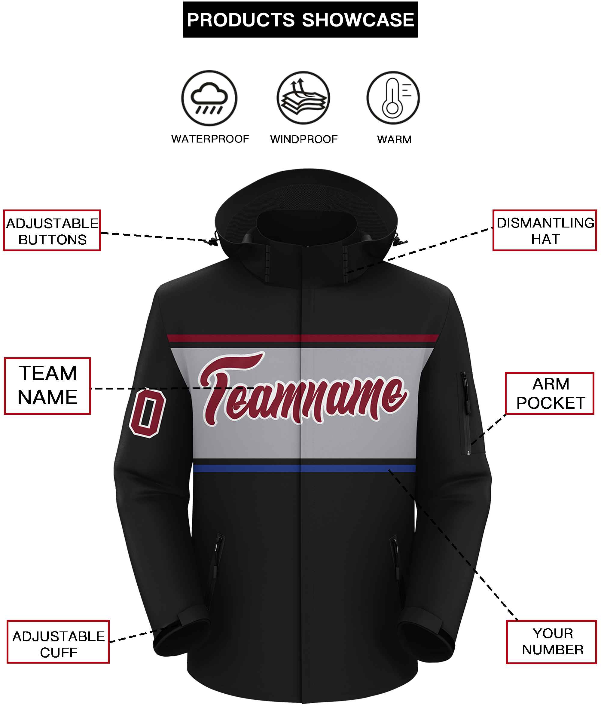 Custom Black Crimson-Gray Color Block Personalized Outdoor Hooded Waterproof Jacket