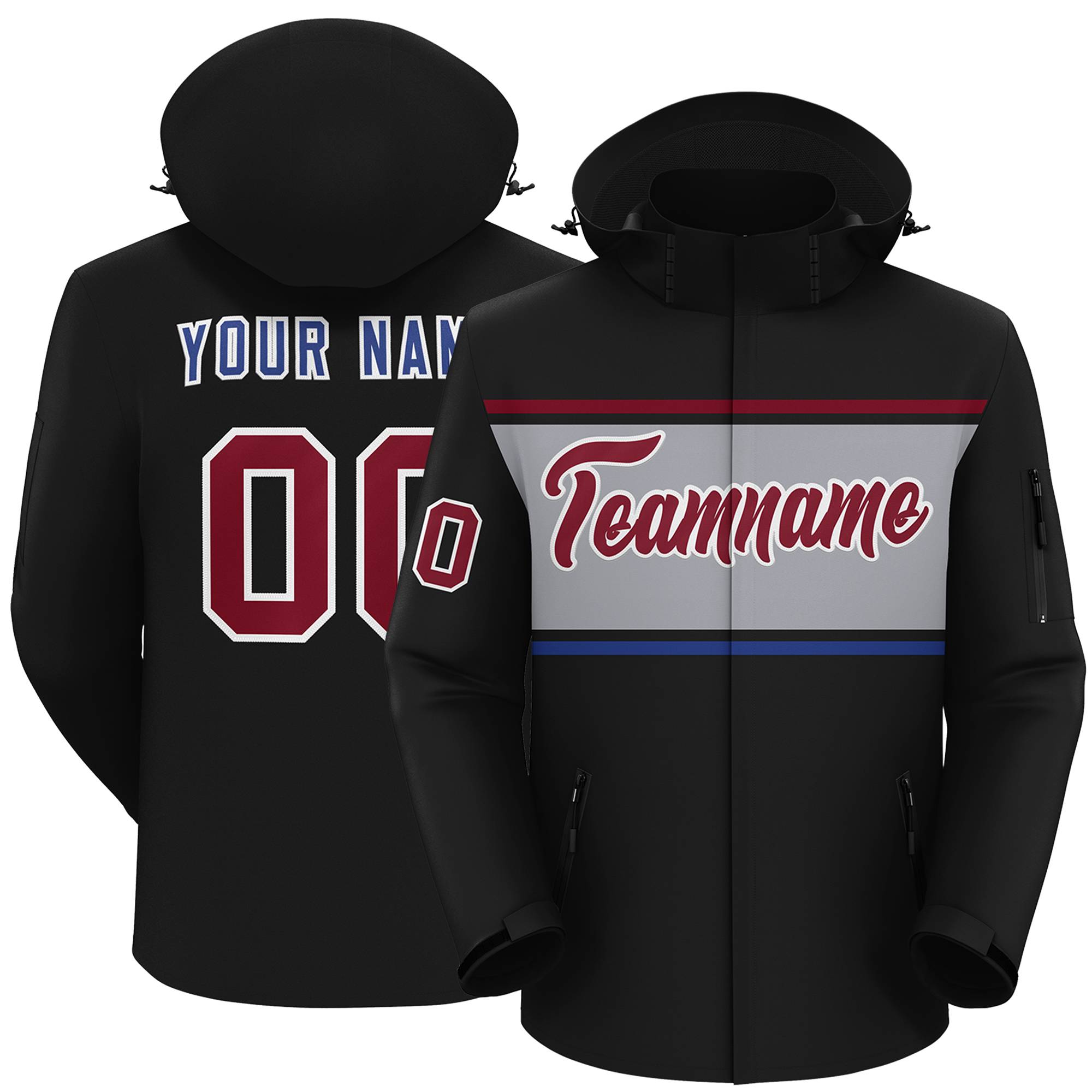 Custom Black Crimson-Gray Color Block Personalized Outdoor Hooded Waterproof Jacket