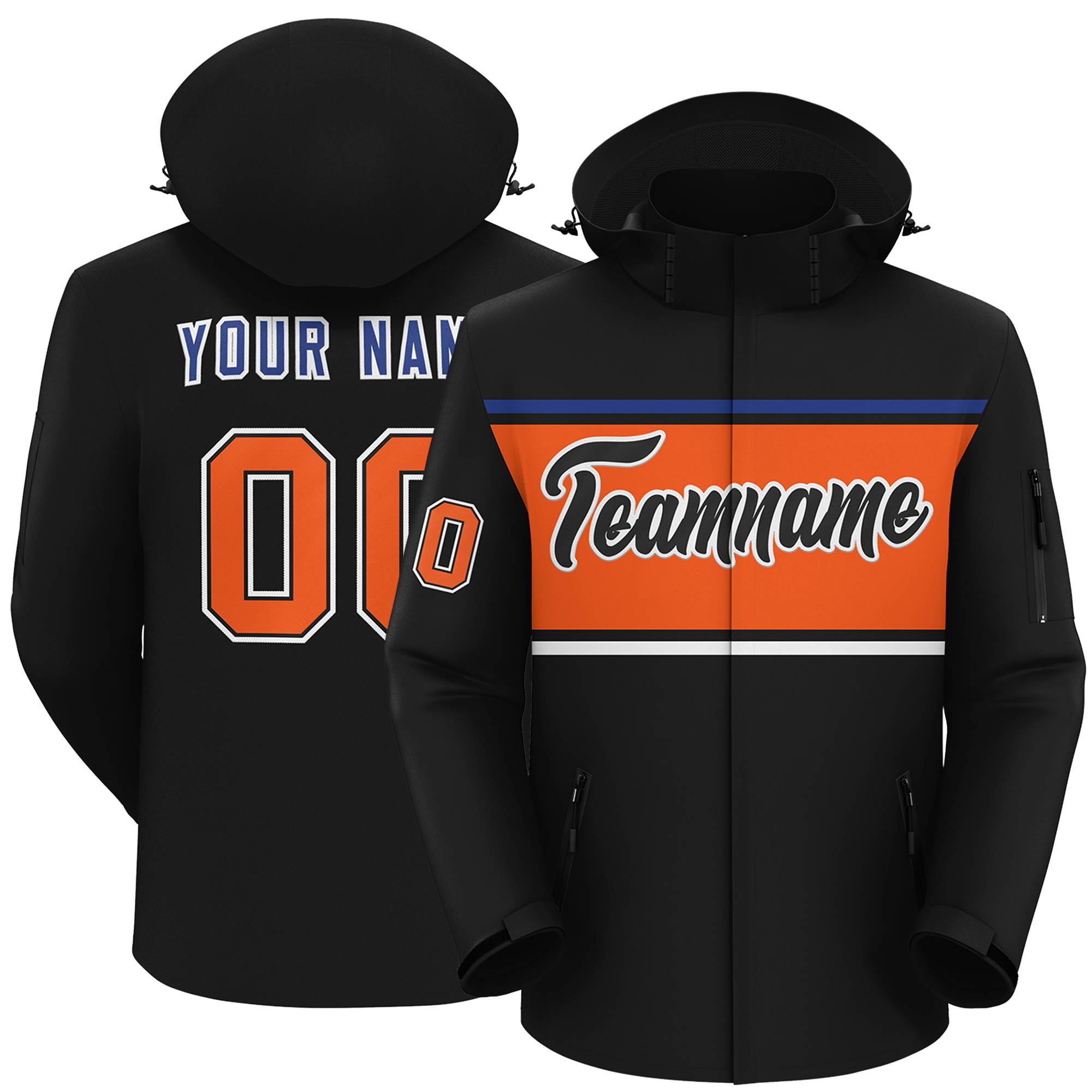 Custom Black Royal-Orange Color Block Personalized Outdoor Hooded Waterproof Jacket