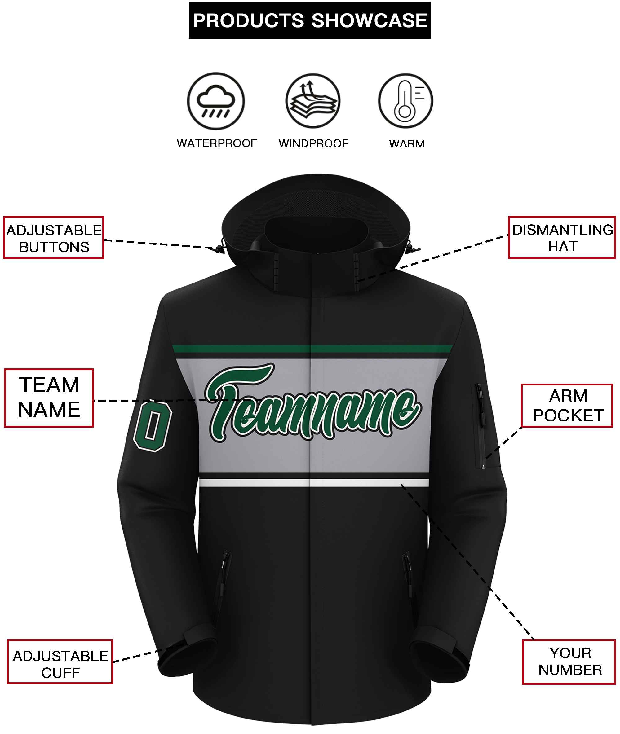 Custom Black Green-Gray Color Block Personalized Outdoor Hooded Waterproof Jacket