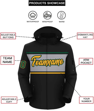 Custom Black Gold-Gray Color Block Personalized Outdoor Hooded Waterproof Jacket