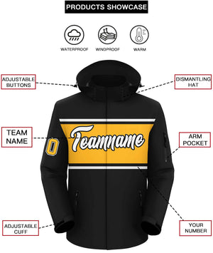 Custom Black White-Gold Color Block Personalized Outdoor Hooded Waterproof Jacket