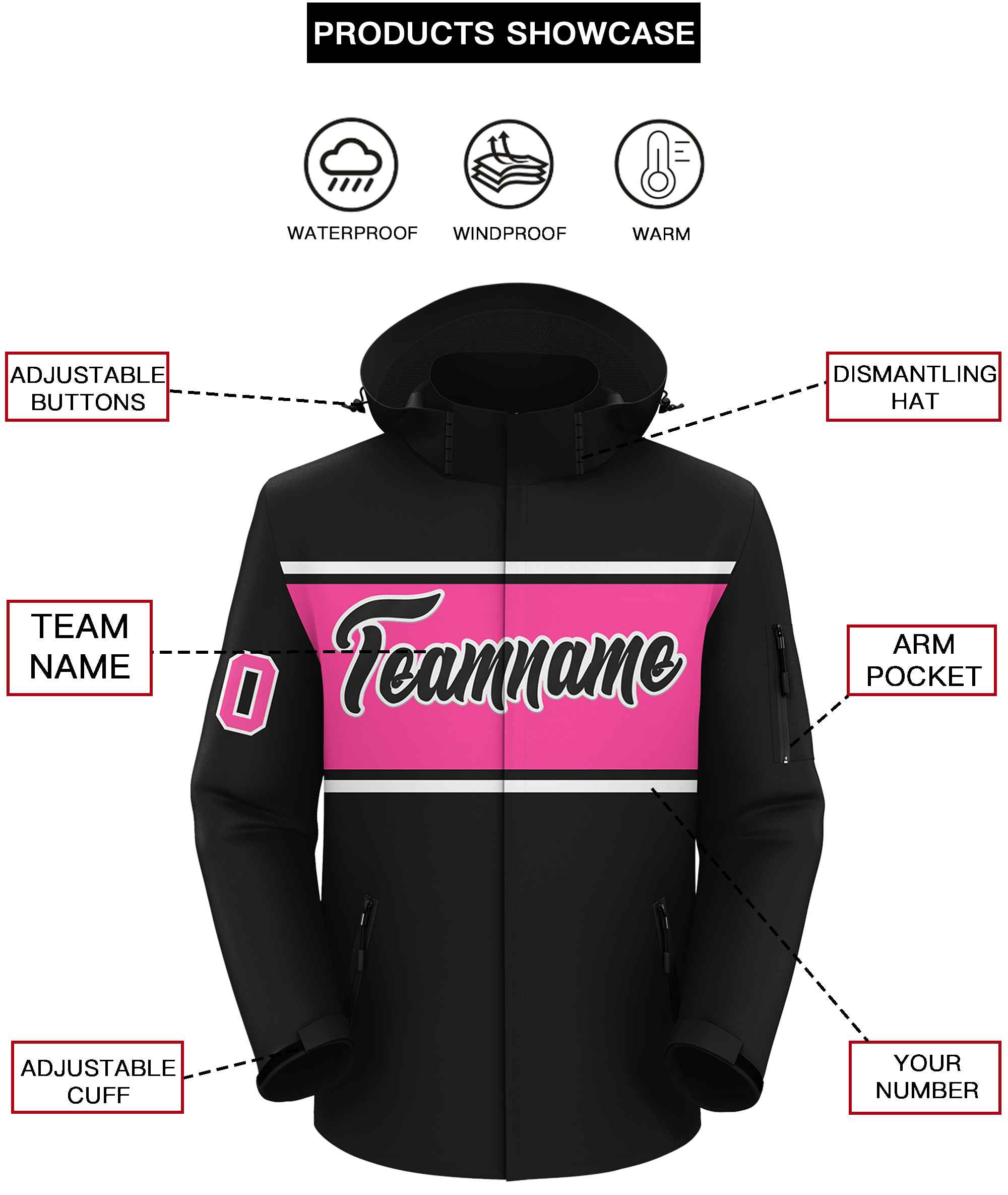 Custom Black White-Pink Color Block Personalized Outdoor Hooded Waterproof Jacket