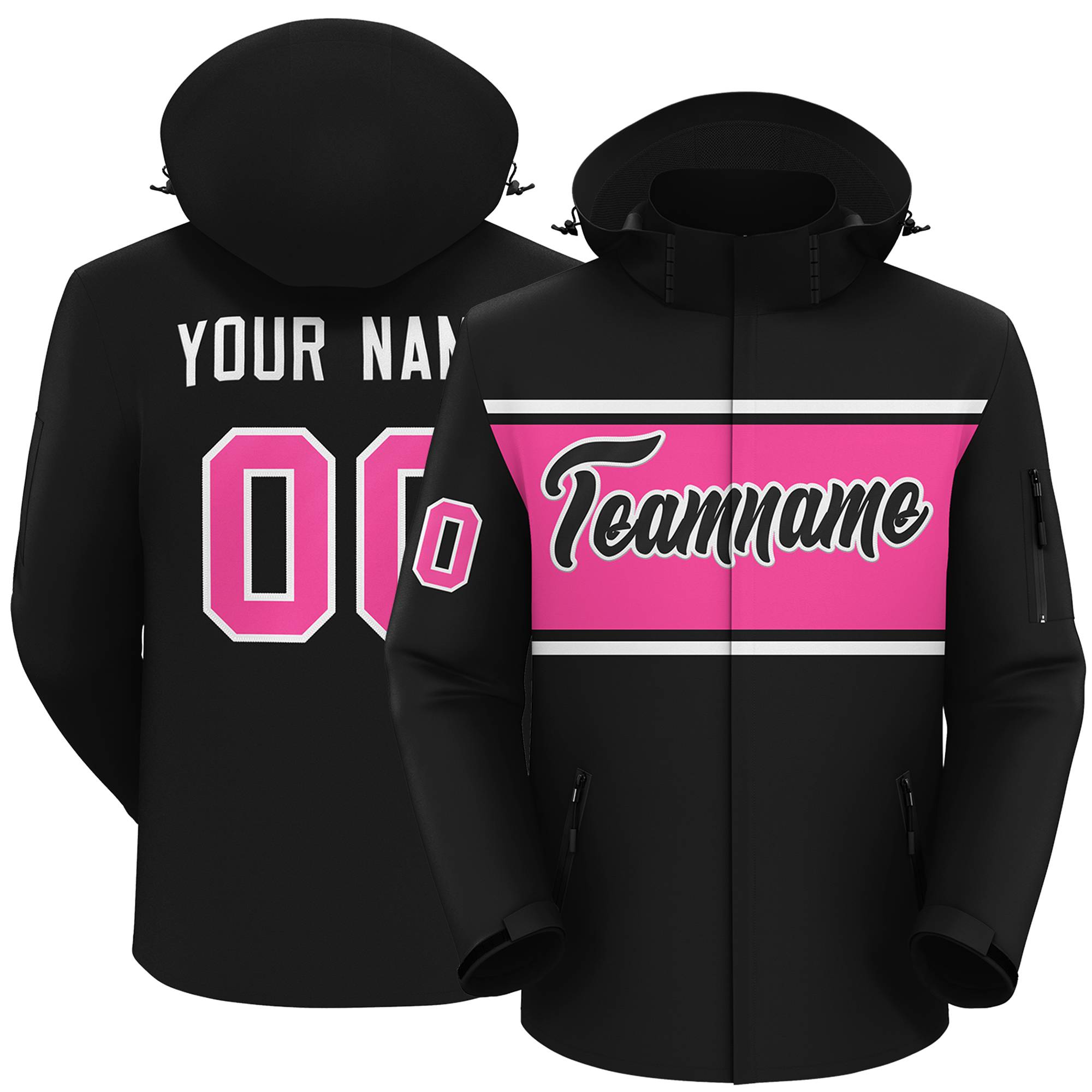 Custom Black White-Pink Color Block Personalized Outdoor Hooded Waterproof Jacket