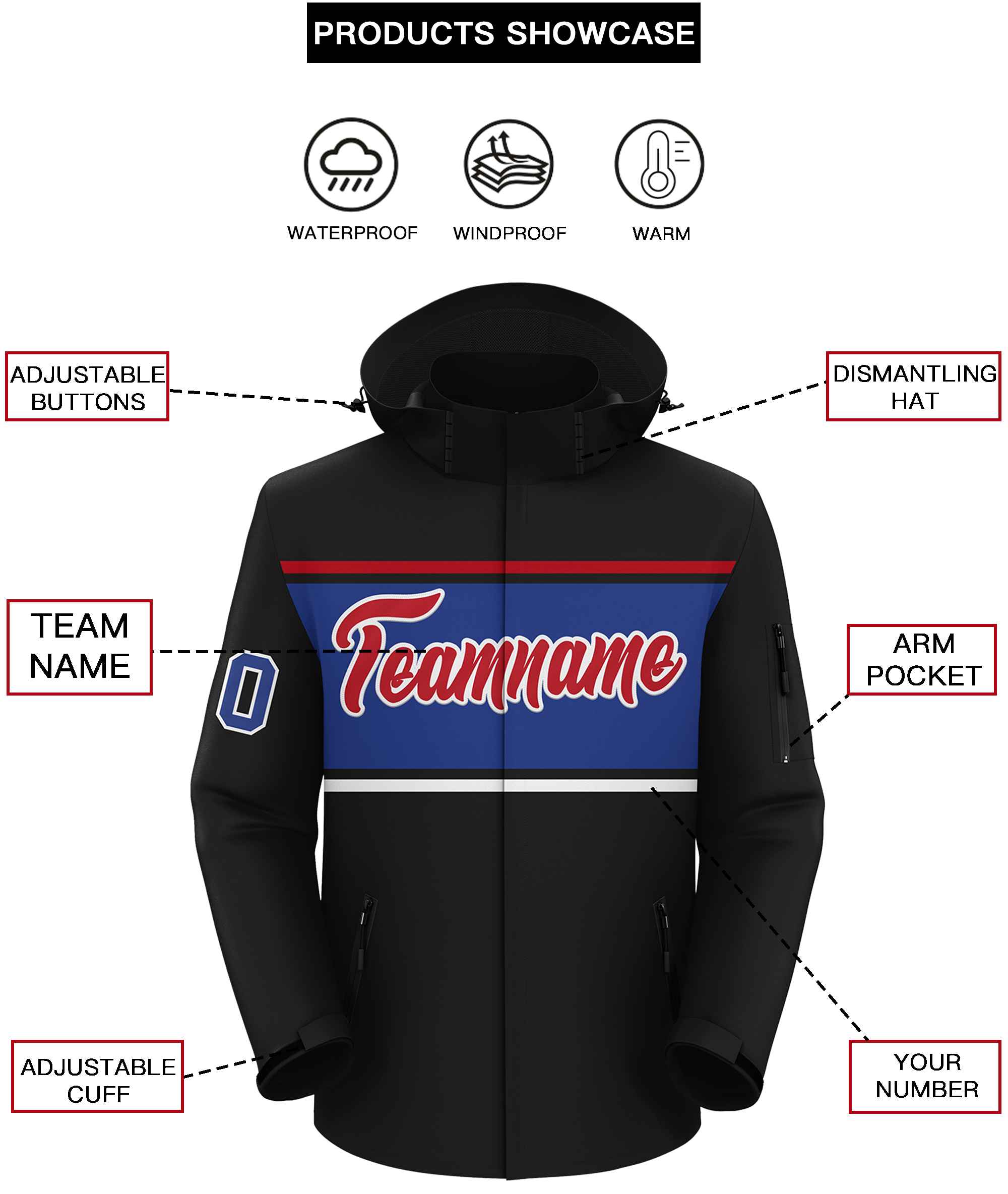 Custom Black Red-Royal Color Block Personalized Outdoor Hooded Waterproof Jacket