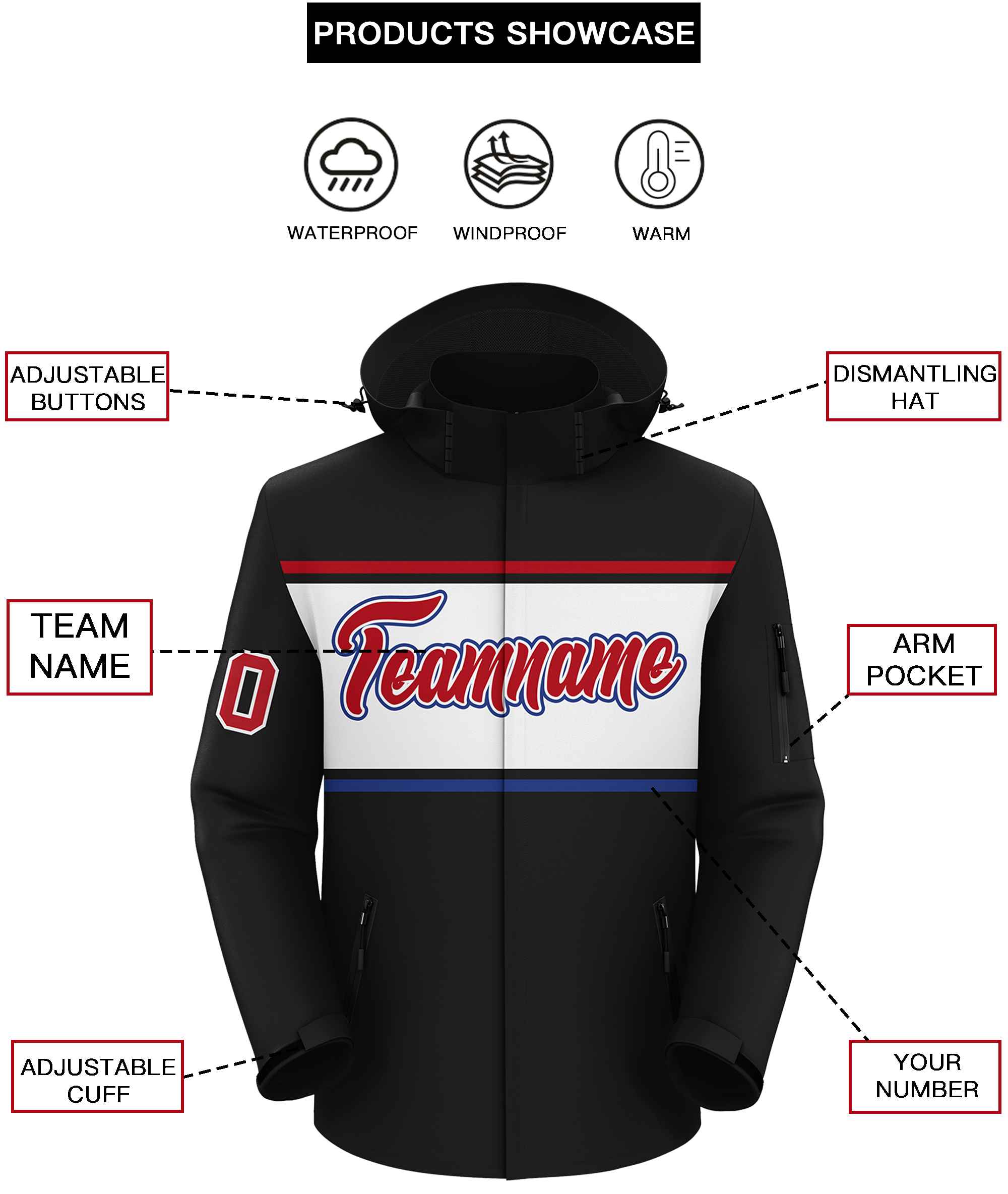 Custom Black Red-White Color Block Personalized Outdoor Hooded Waterproof Jacket