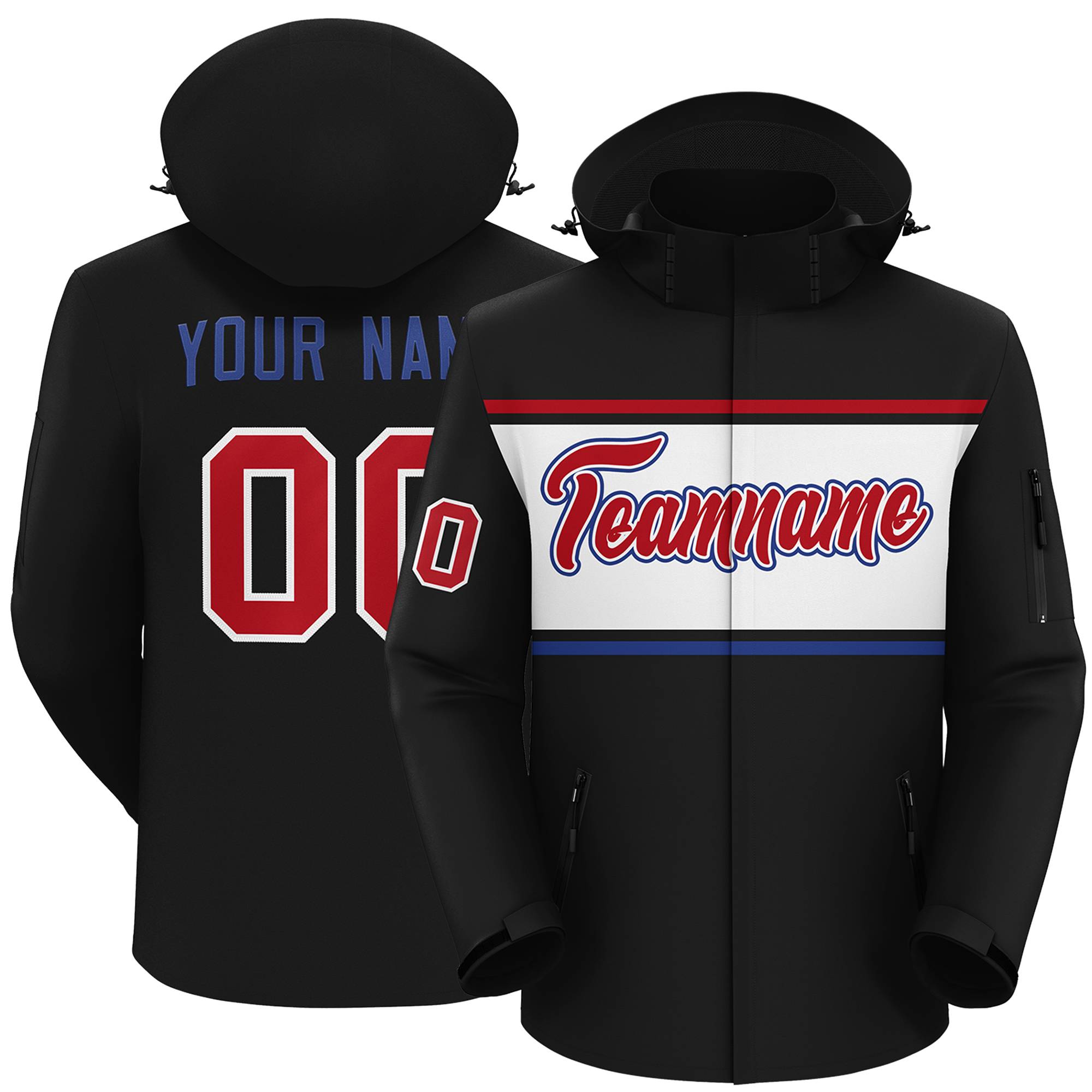 Custom Black Red-White Color Block Personalized Outdoor Hooded Waterproof Jacket