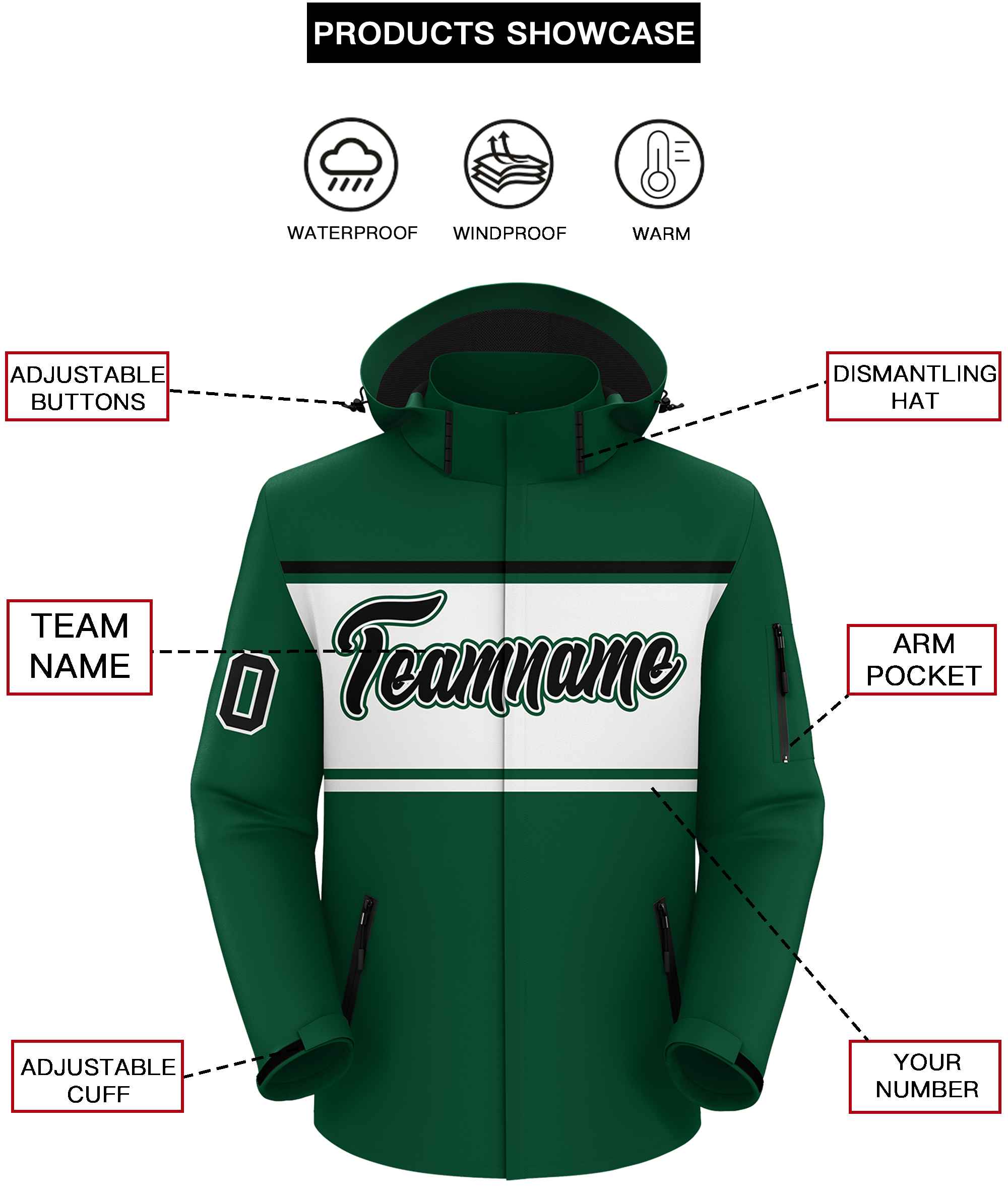 Custom Green Black-White Color Block Personalized Outdoor Hooded Waterproof Jacket