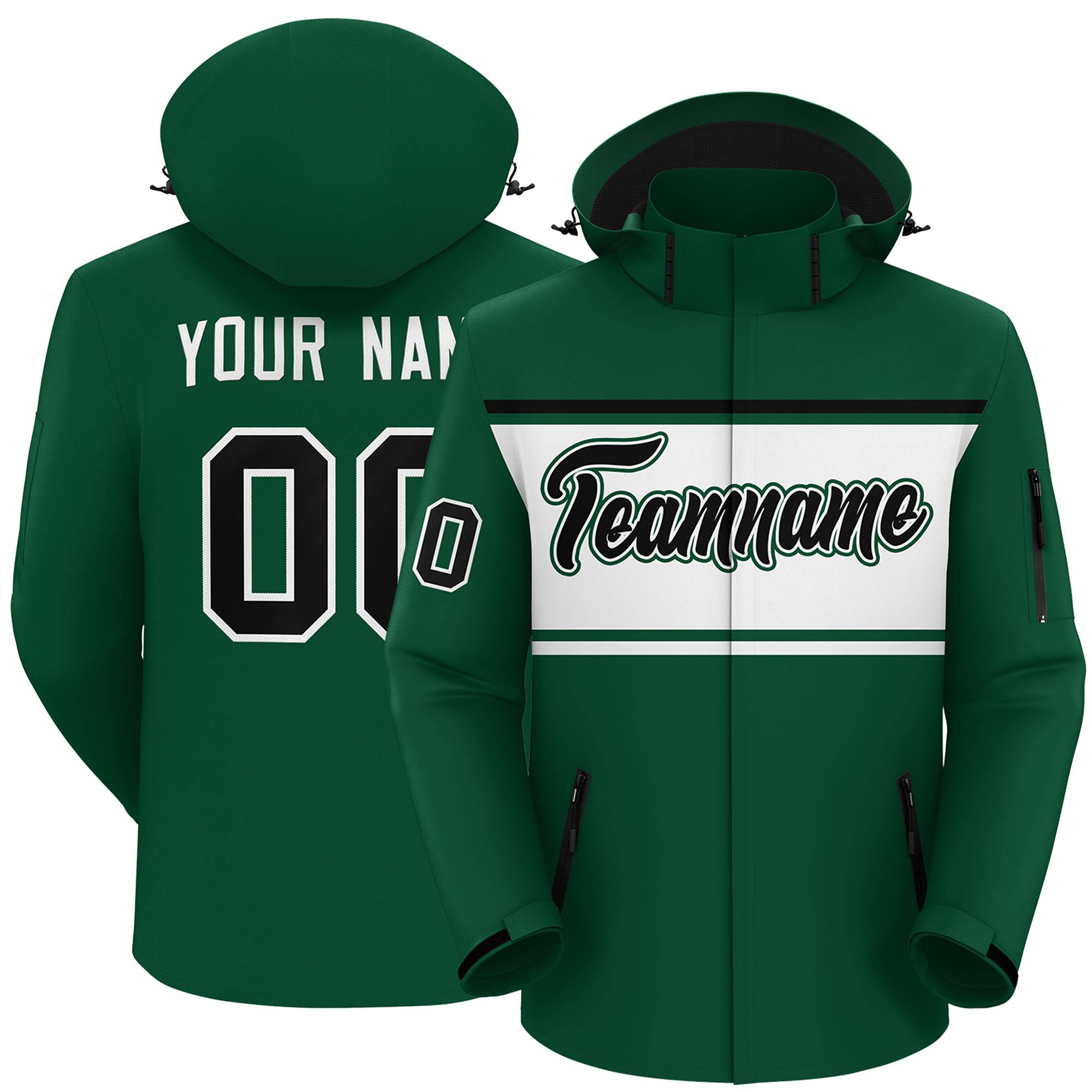 Custom Green Black-White Color Block Personalized Outdoor Hooded Waterproof Jacket