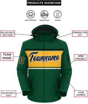 Custom Green Black-Gold Color Block Personalized Outdoor Hooded Waterproof Jacket