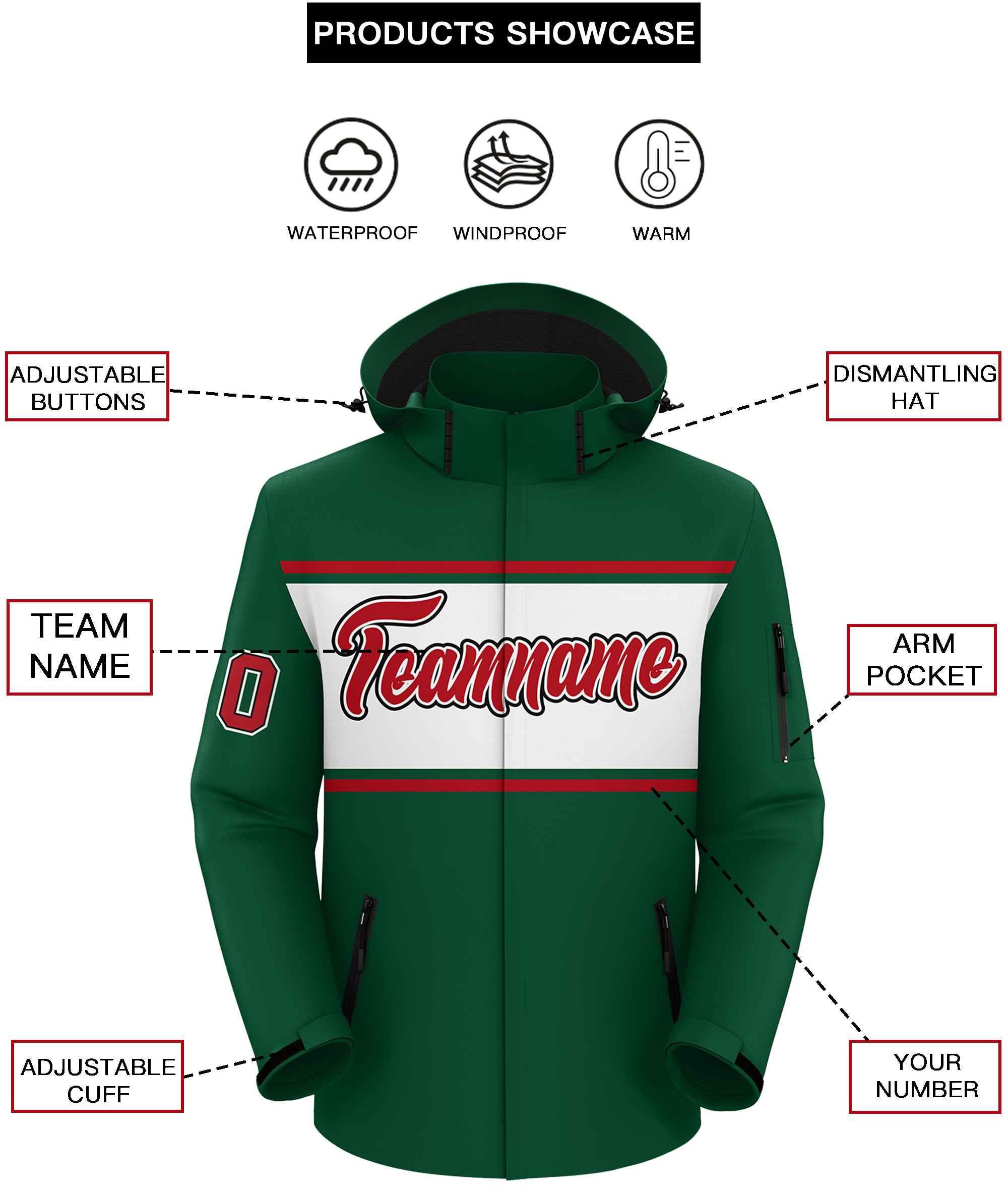 Custom Green Red-White Color Block Personalized Outdoor Hooded Waterproof Jacket