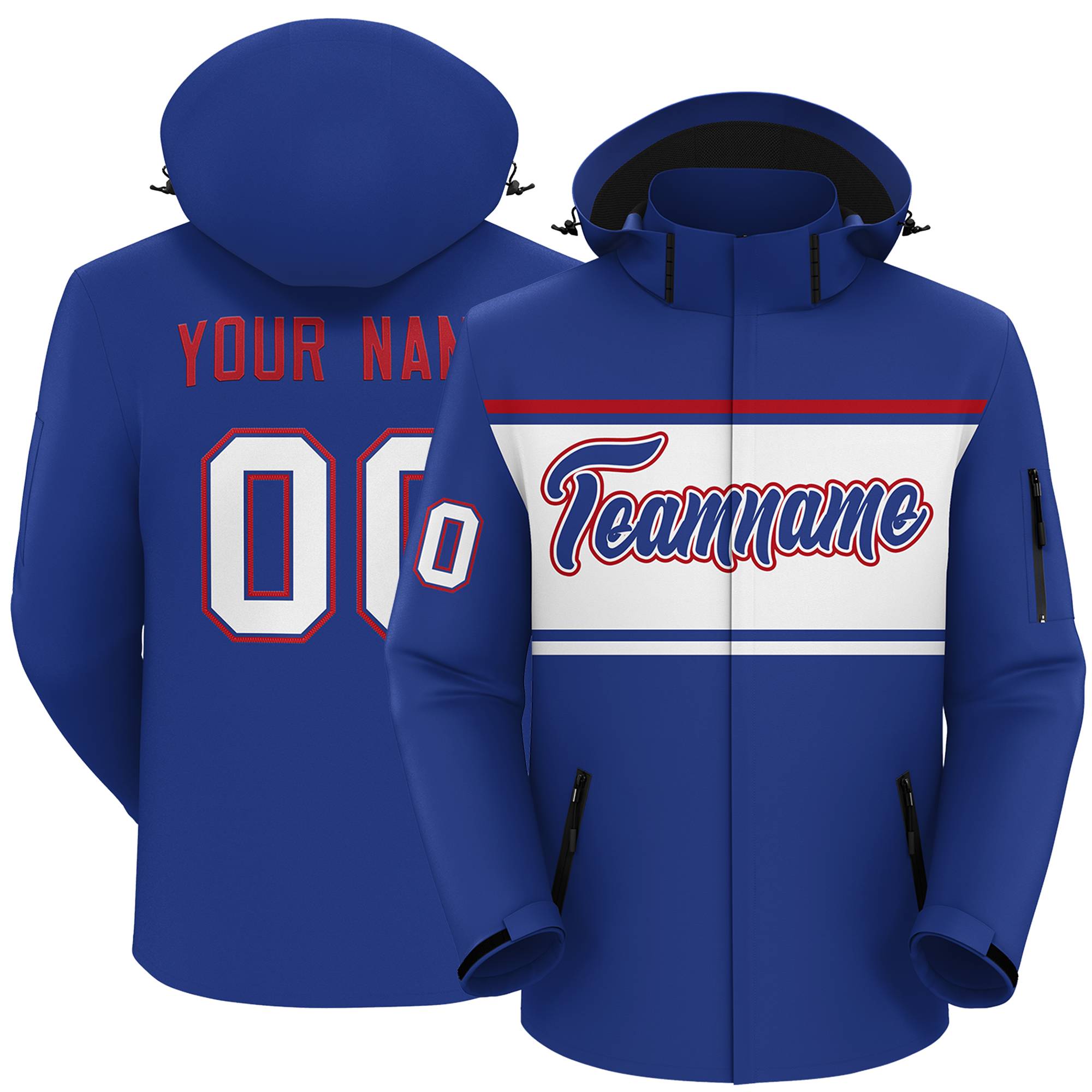 Custom Royal Red-White Color Block Personalized Outdoor Hooded Waterproof Jacket