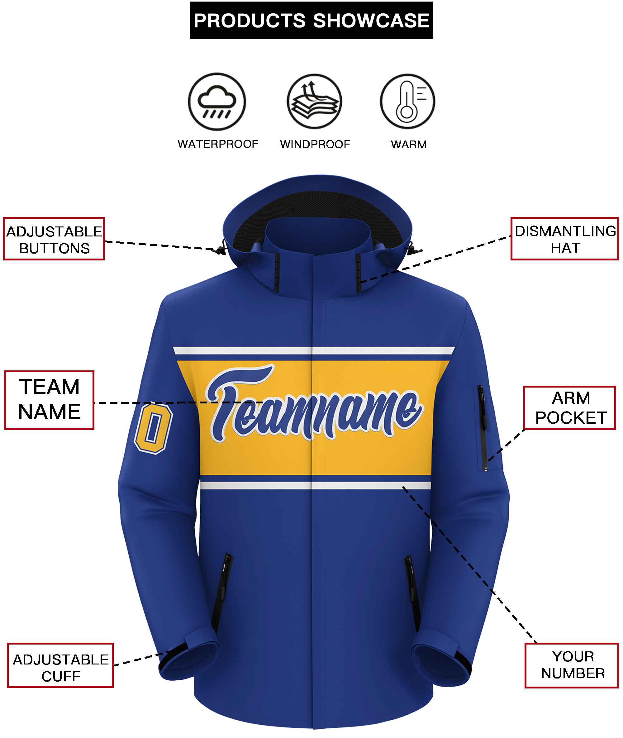 Custom Royal White-Gold Color Block Personalized Outdoor Hooded Waterproof Jacket