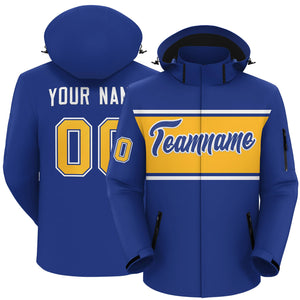 Custom Royal White-Gold Color Block Personalized Outdoor Hooded Waterproof Jacket