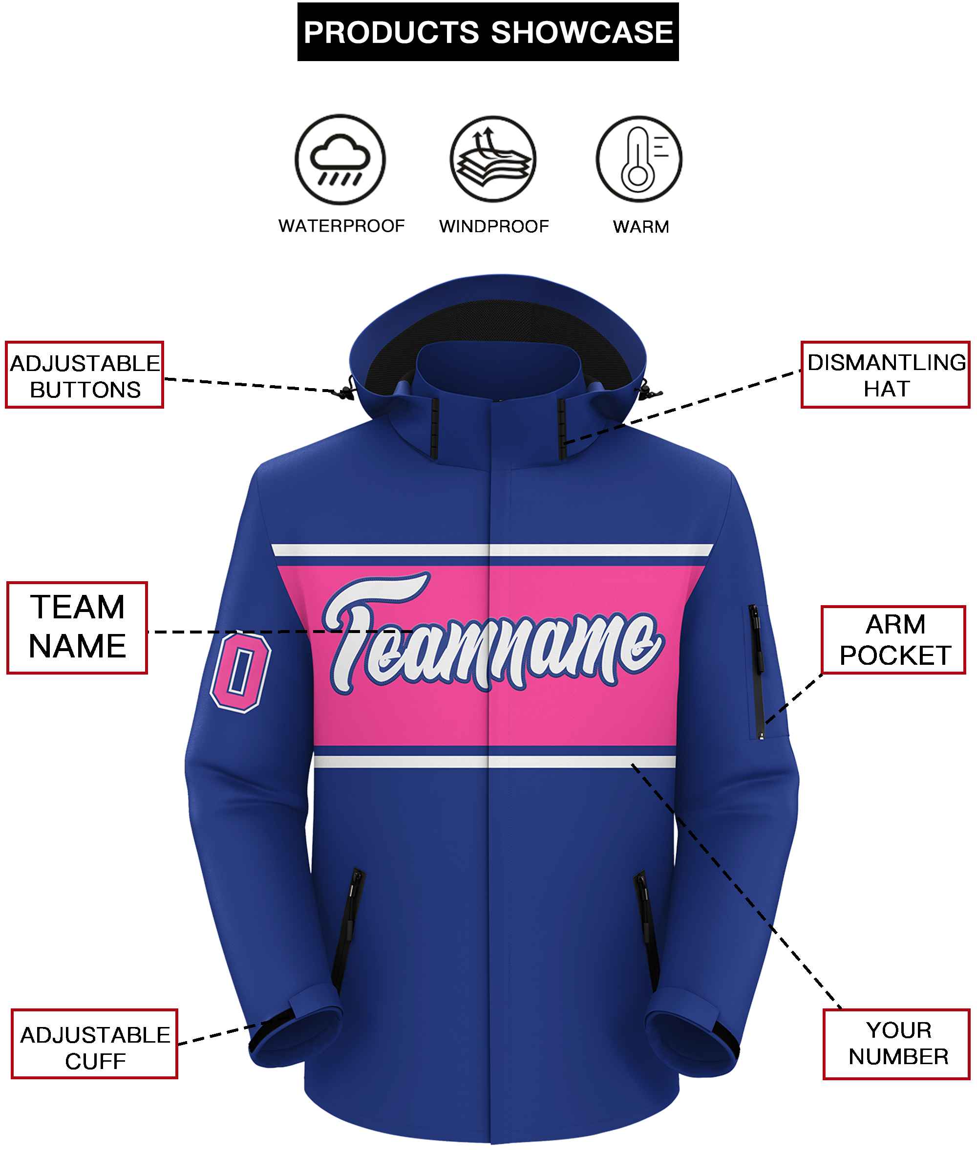 Custom Royal White-Pink Color Block Personalized Outdoor Hooded Waterproof Jacket