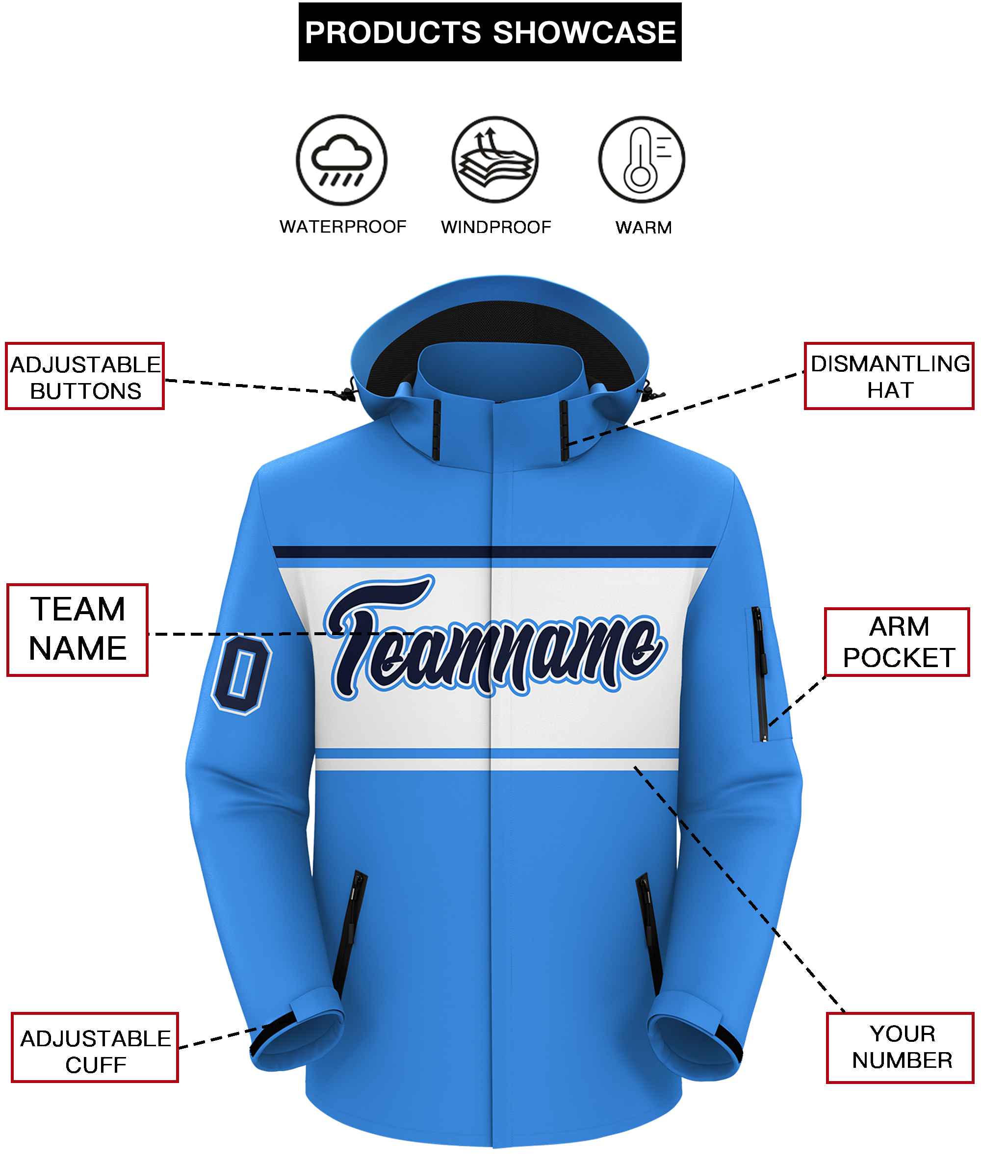 Custom Powder Blue Black-White Color Block Personalized Outdoor Hooded Waterproof Jacket