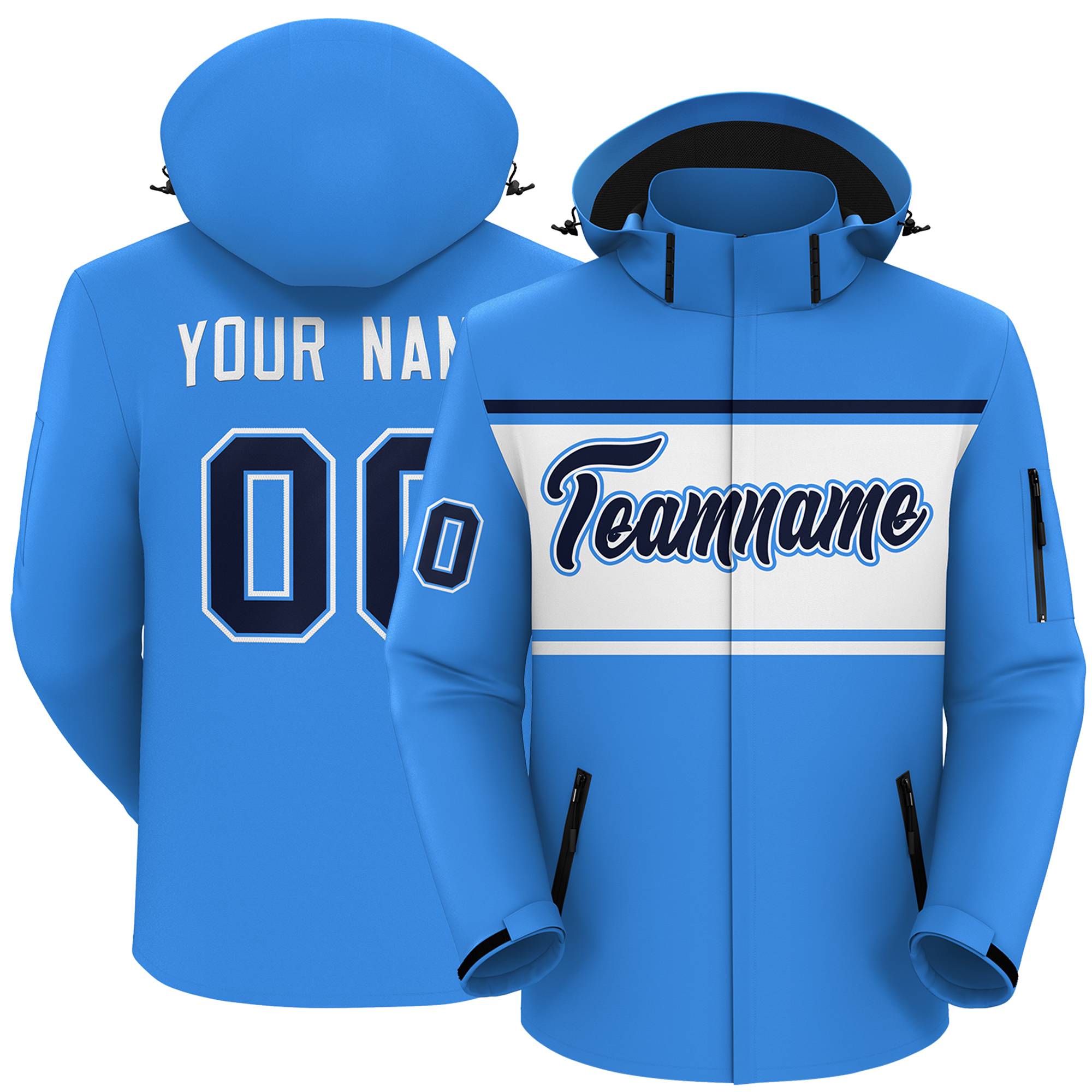 Custom Powder Blue Black-White Color Block Personalized Outdoor Hooded Waterproof Jacket