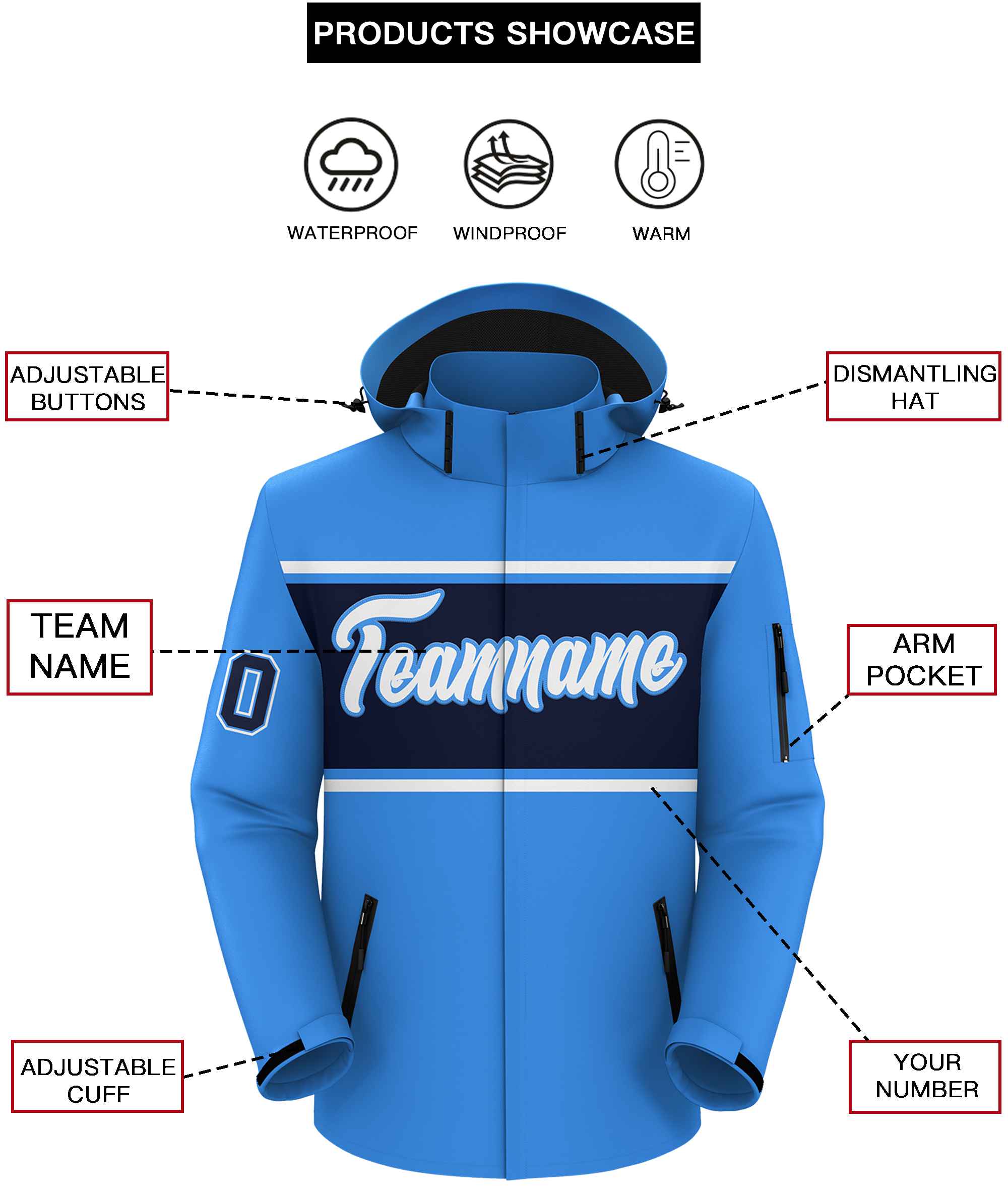 Custom Powder Blue White-Navy Color Block Personalized Outdoor Hooded Waterproof Jacket