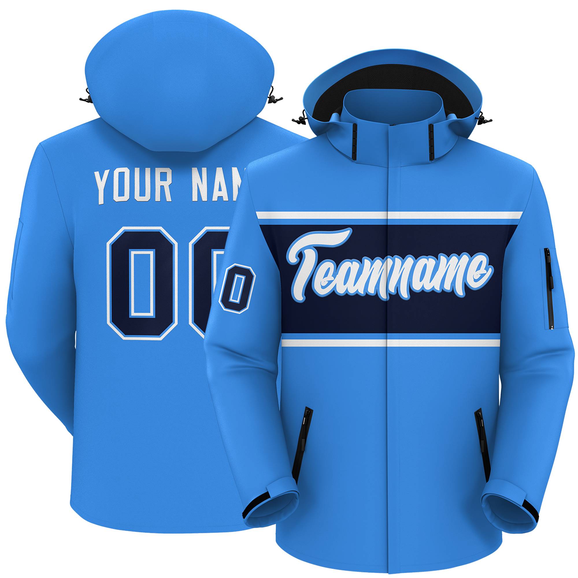 Custom Powder Blue White-Navy Color Block Personalized Outdoor Hooded Waterproof Jacket