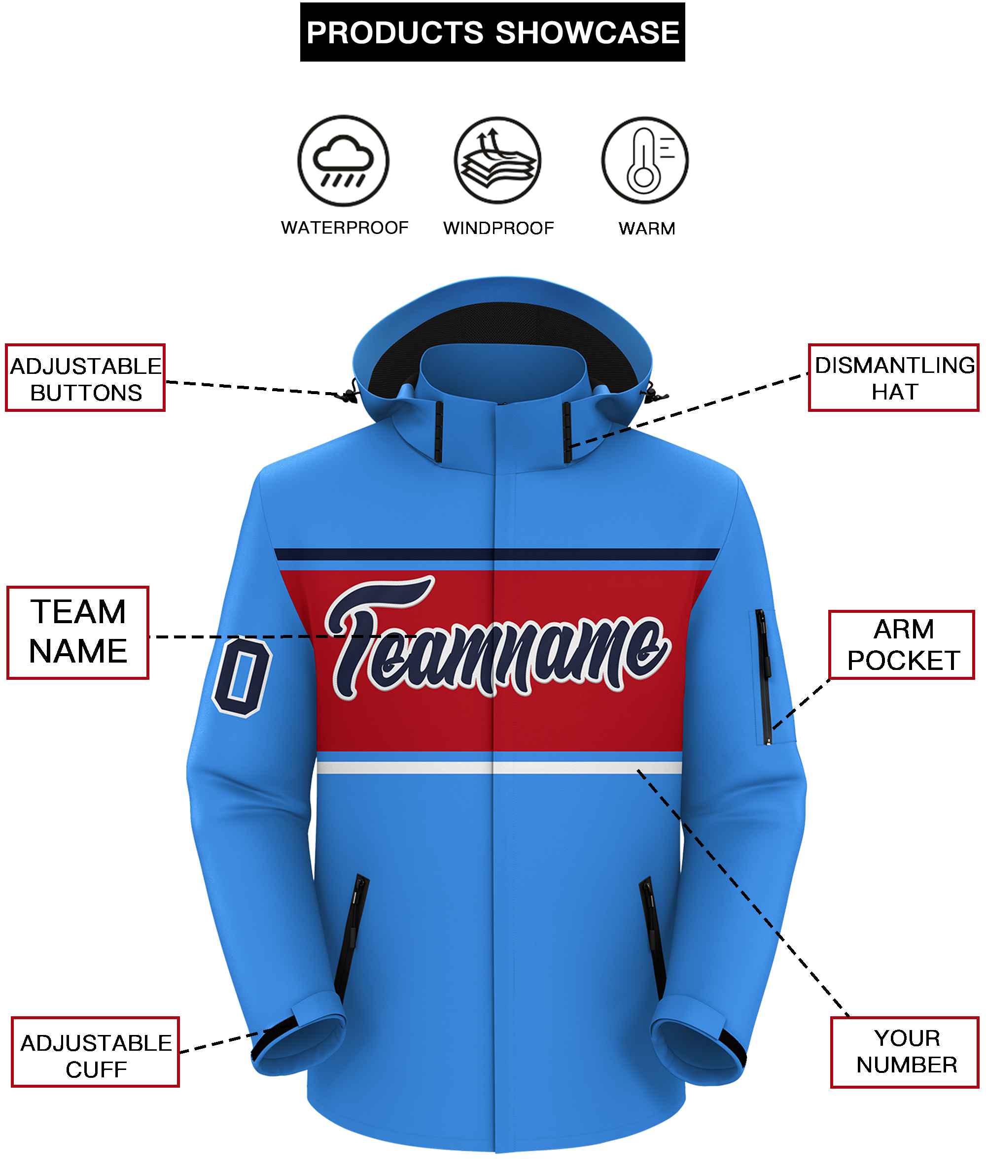 Custom Powder Blue Navy-Red Color Block Personalized Outdoor Hooded Waterproof Jacket