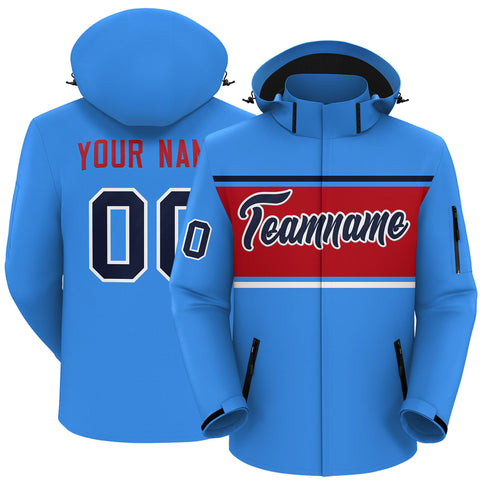 Custom Powder Blue Navy-Red Color Block Personalized Outdoor Hooded Waterproof Jacket
