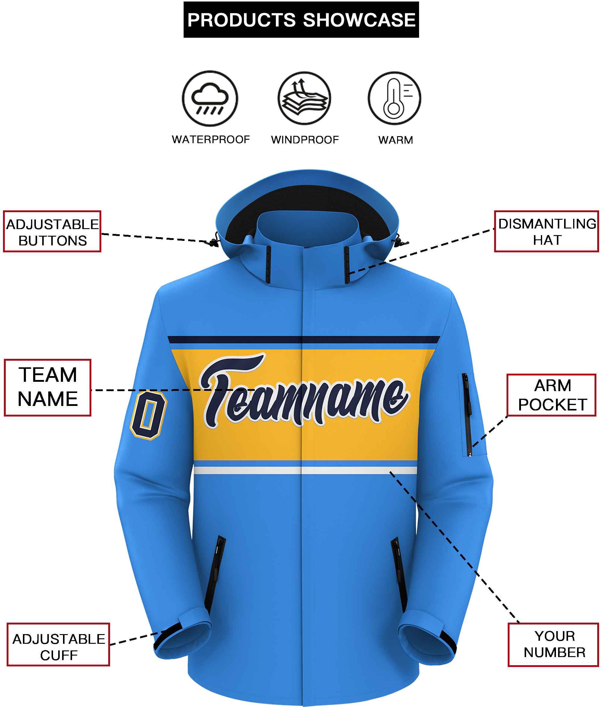 Custom Powder Blue Navy-Gold Color Block Personalized Outdoor Hooded Waterproof Jacket