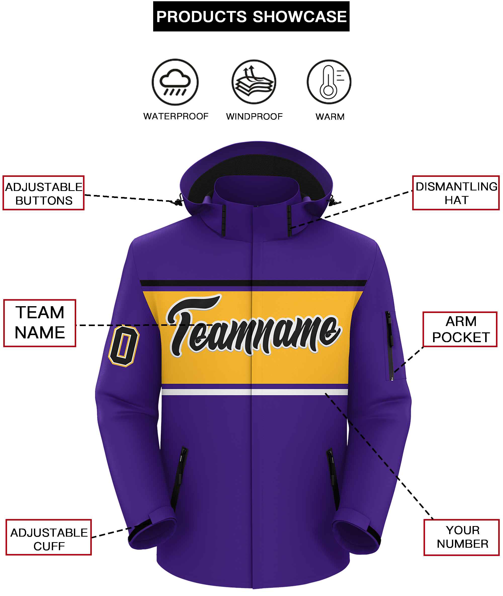 Custom Purple Black-Gold Color Block Personalized Outdoor Hooded Waterproof Jacket