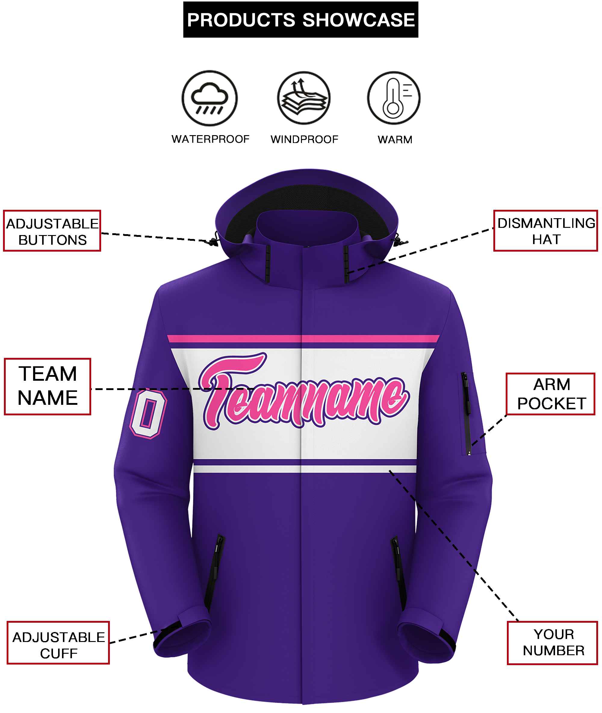 Custom Purple Pink-White Color Block Personalized Outdoor Hooded Waterproof Jacket