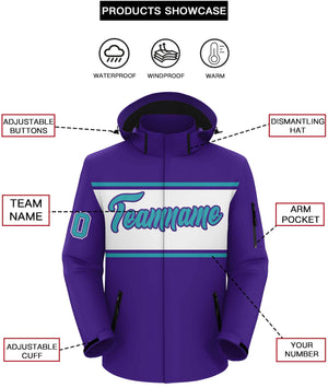 Custom Purple Aqua-White Color Block Personalized Outdoor Hooded Waterproof Jacket