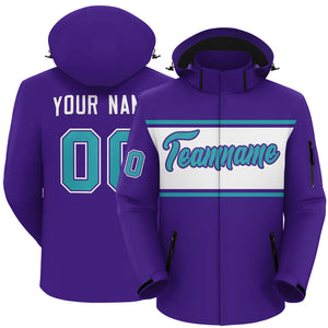 Custom Purple Aqua-White Color Block Personalized Outdoor Hooded Waterproof Jacket