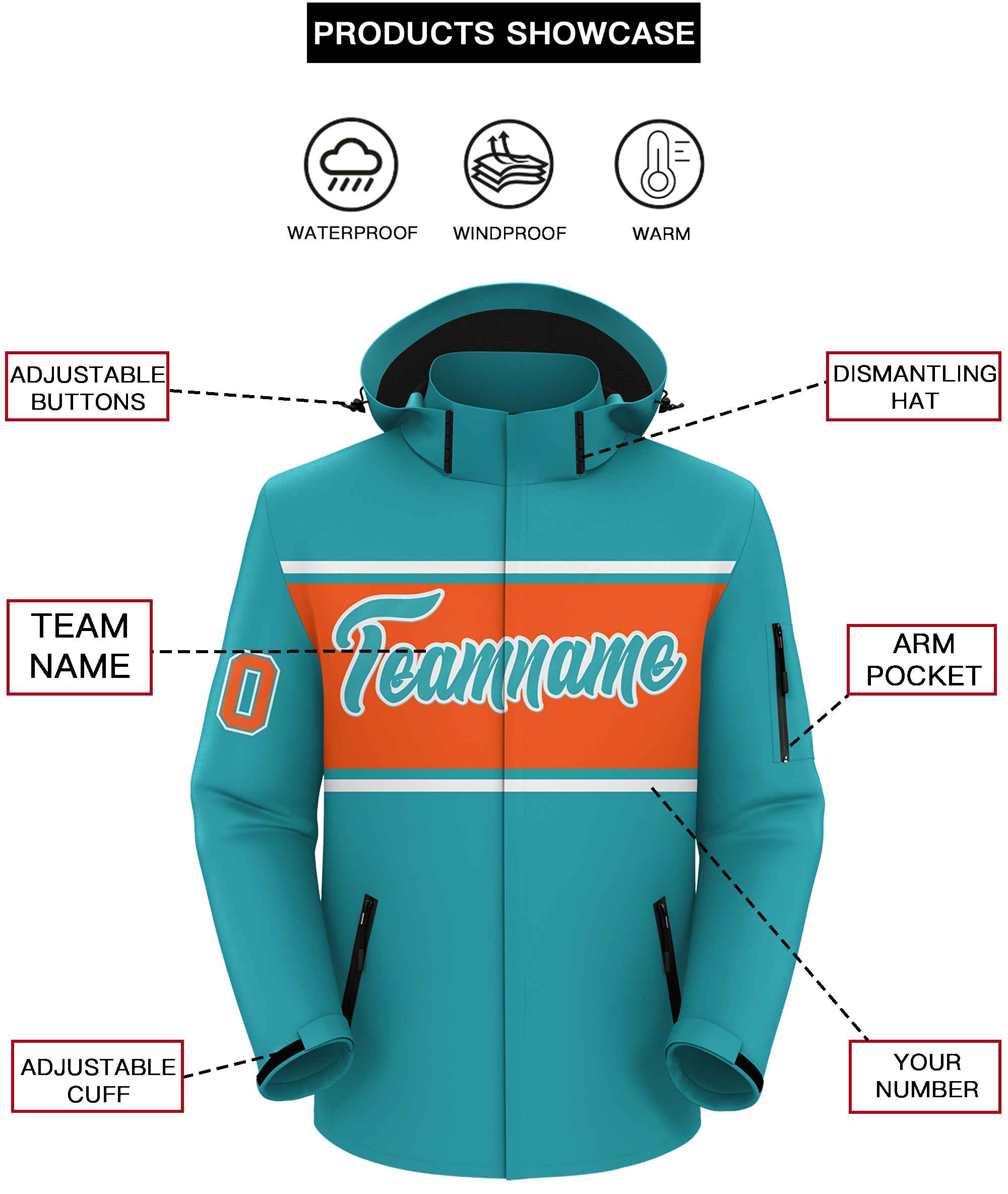 Custom Aqua White-Orange Color Block Personalized Outdoor Hooded Waterproof Jacket