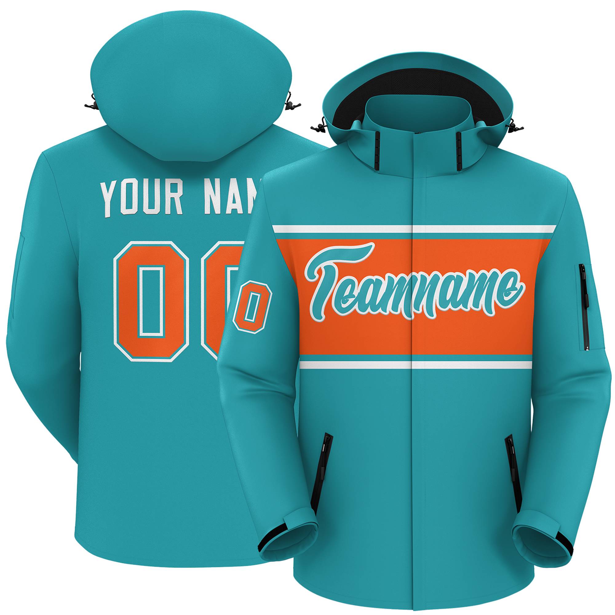 Custom Aqua White-Orange Color Block Personalized Outdoor Hooded Waterproof Jacket