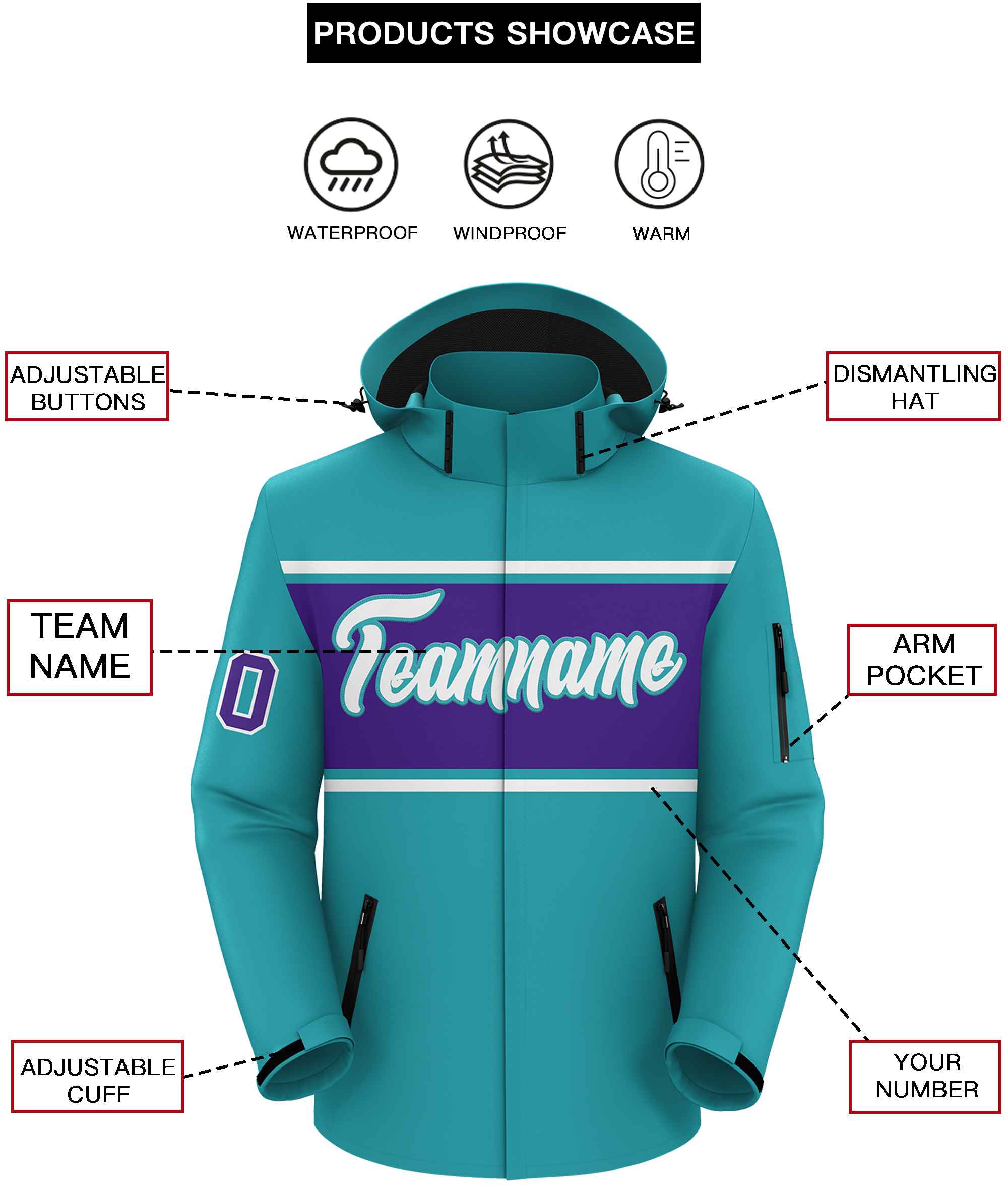 Custom Aqua White-Purple Color Block Personalized Outdoor Hooded Waterproof Jacket